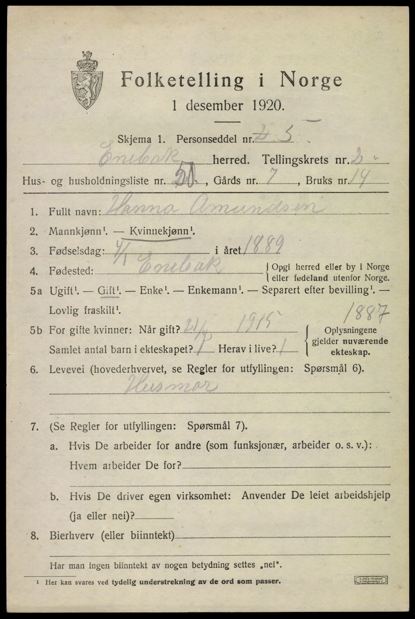 SAO, Folketelling 1920 for 0229 Enebakk herred, 1920, s. 2701