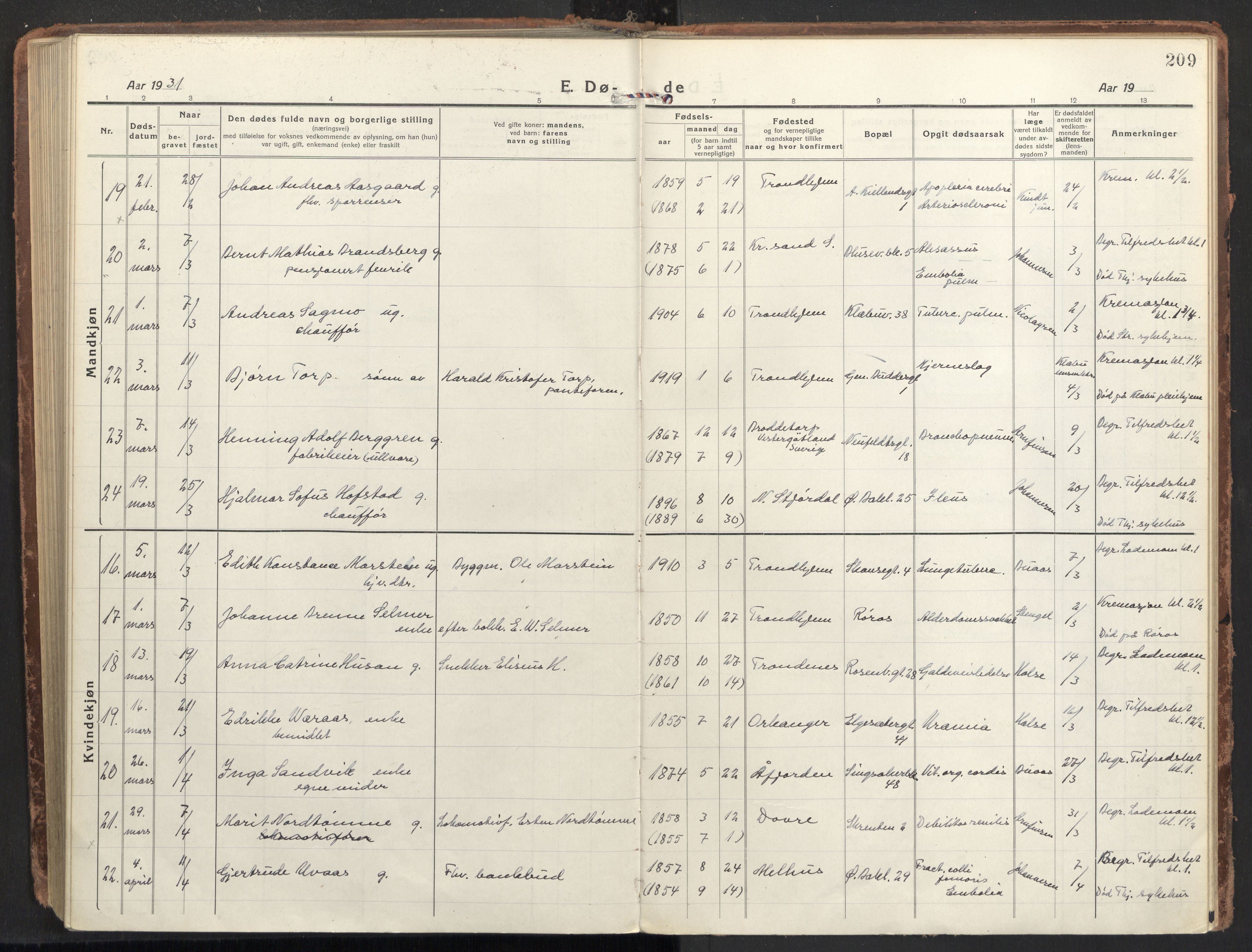 Ministerialprotokoller, klokkerbøker og fødselsregistre - Sør-Trøndelag, SAT/A-1456/604/L0207: Ministerialbok nr. 604A27, 1917-1933, s. 209