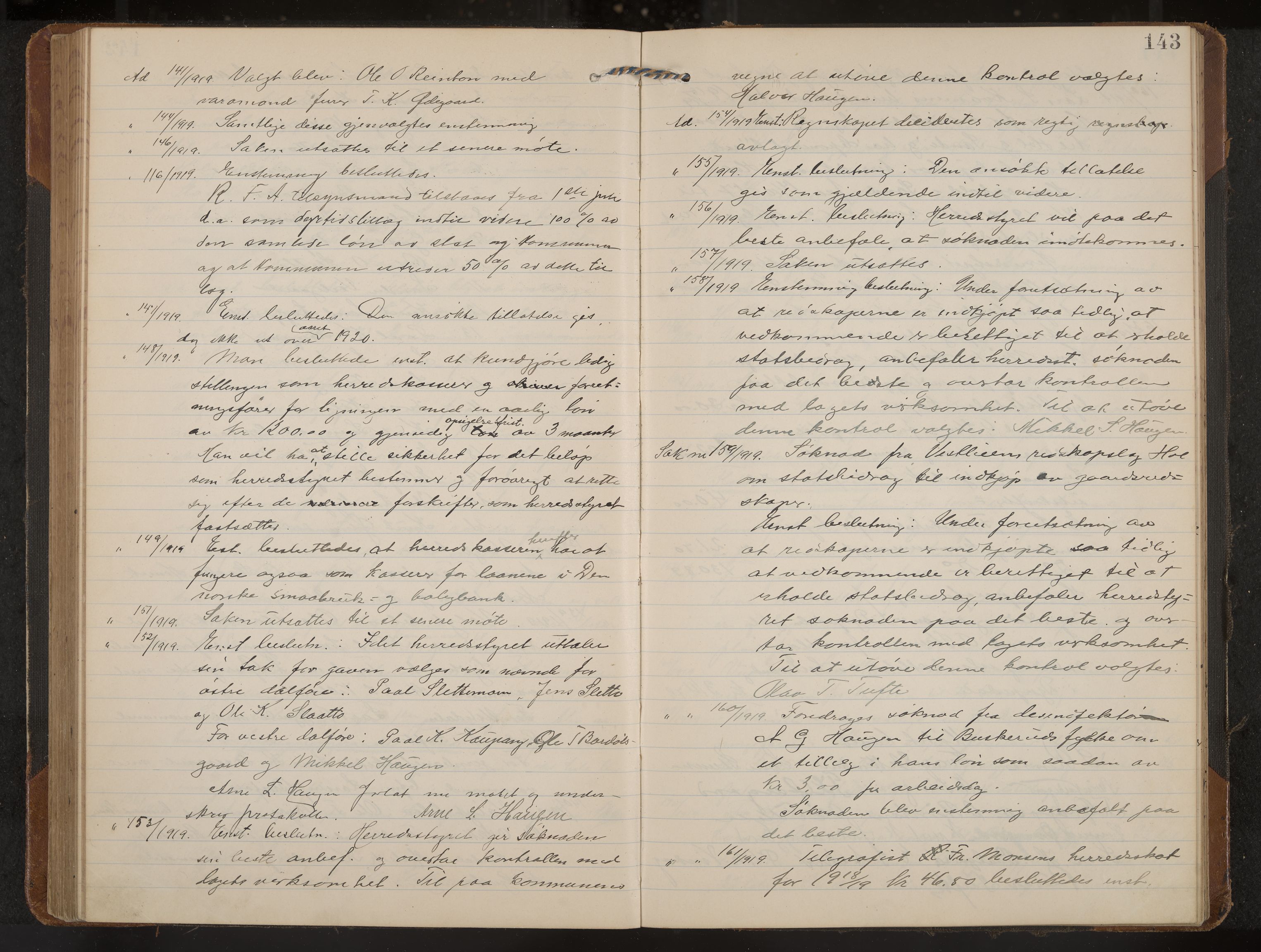 Hol formannskap og sentraladministrasjon, IKAK/0620021-1/A/L0006: Møtebok, 1916-1922, s. 143