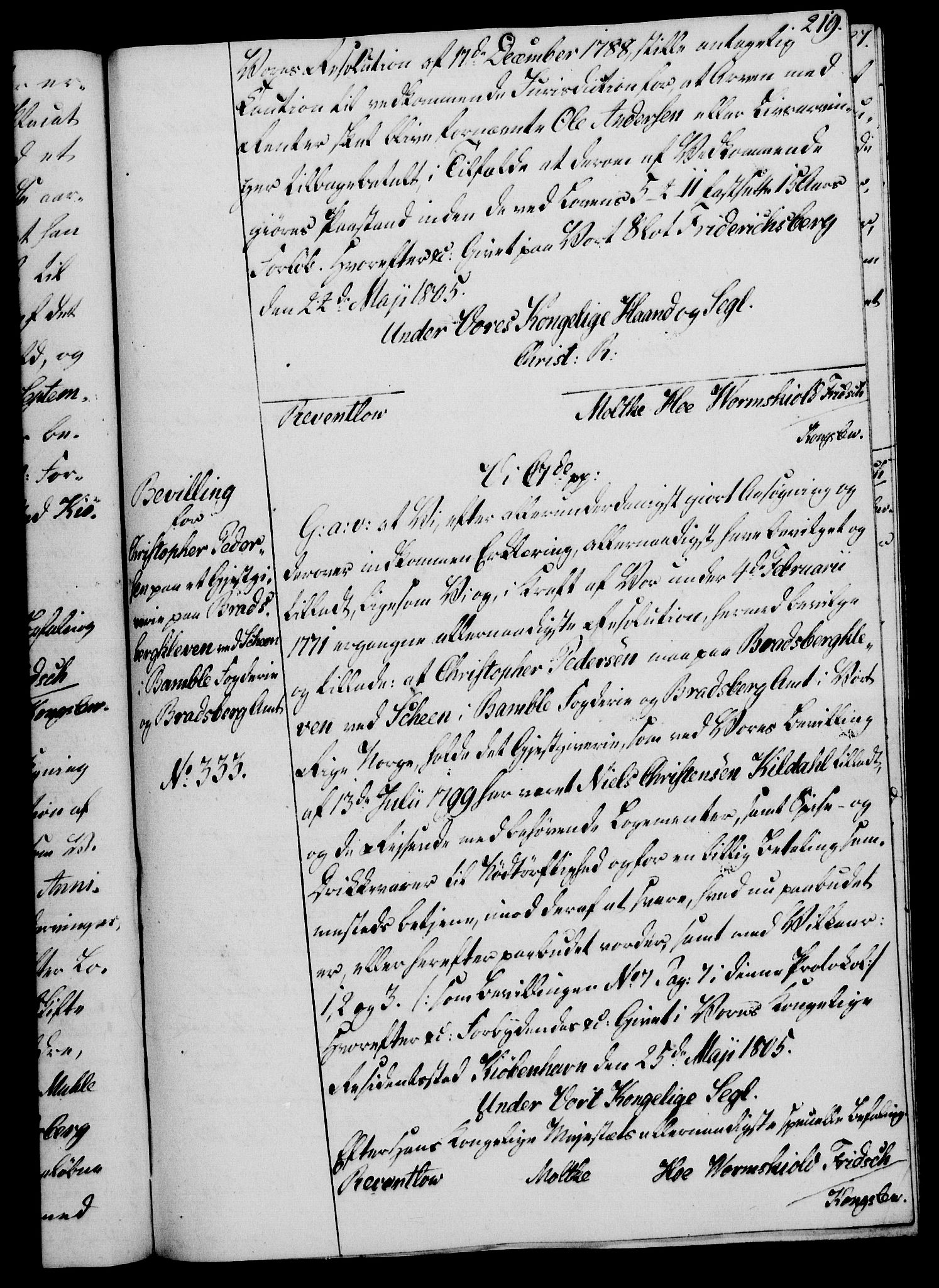 Rentekammeret, Kammerkanselliet, RA/EA-3111/G/Gg/Gga/L0018: Norsk ekspedisjonsprotokoll med register (merket RK 53.18), 1804-1806, s. 219