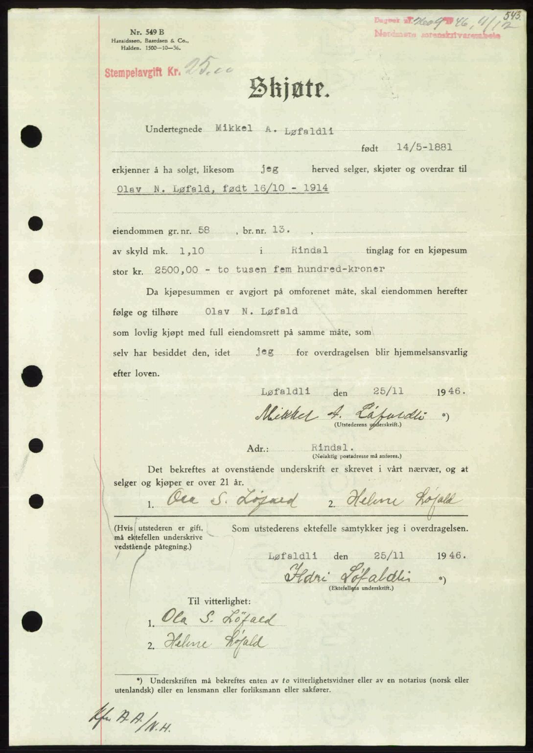 Nordmøre sorenskriveri, SAT/A-4132/1/2/2Ca: Pantebok nr. A103, 1946-1947, Dagboknr: 2609/1946