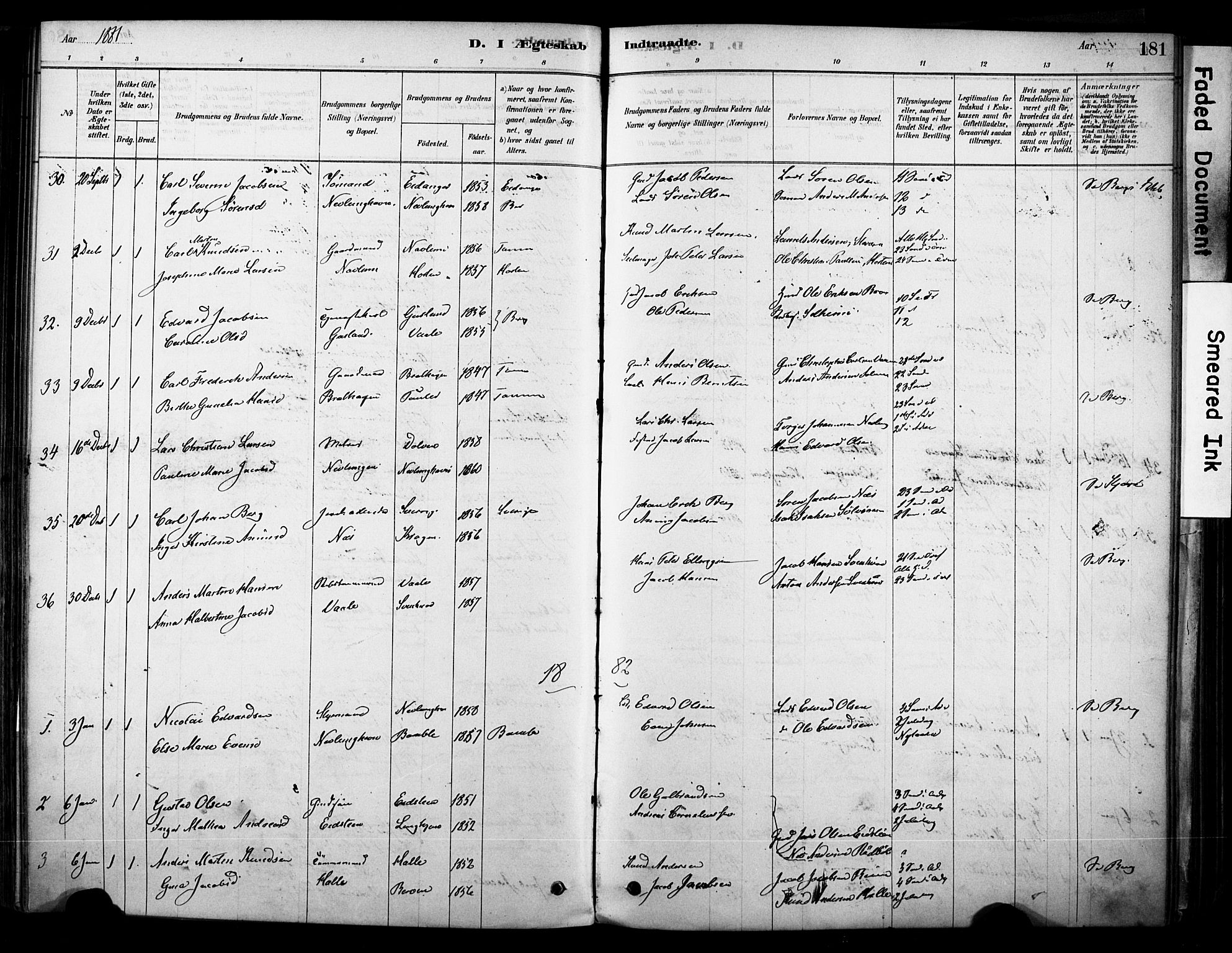 Brunlanes kirkebøker, AV/SAKO-A-342/F/Fc/L0001: Ministerialbok nr. III 1, 1878-1899, s. 181