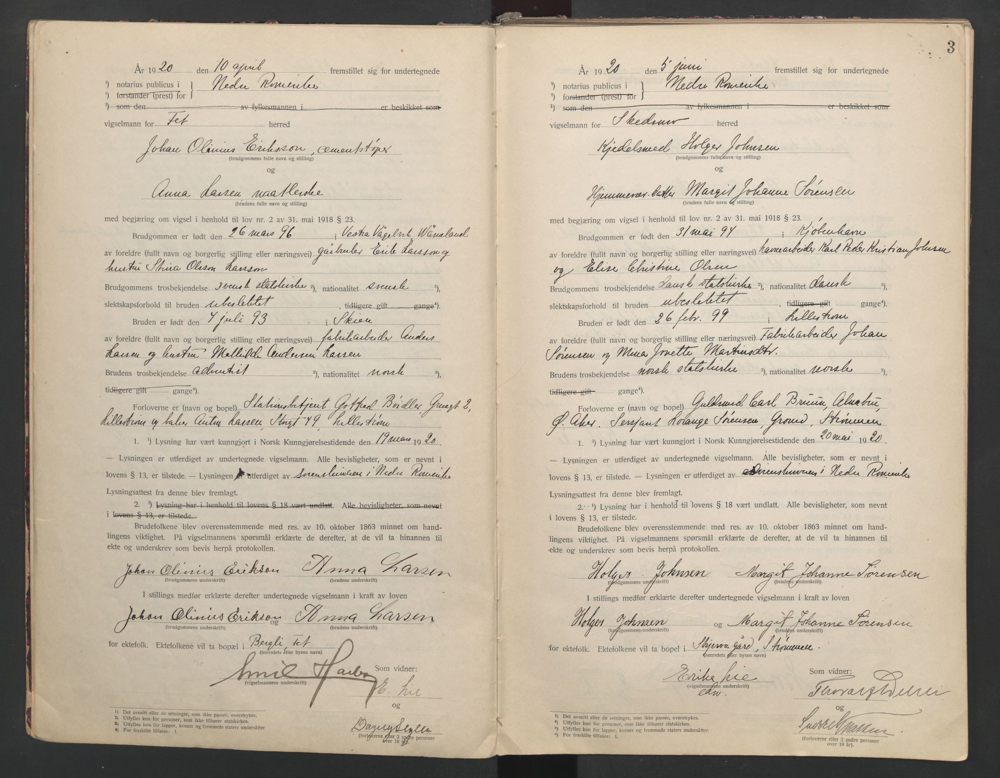 Nedre Romerike sorenskriveri, SAO/A-10469/L/Lb/L0001: Vigselsbok - borgerlige vielser, 1920-1935, s. 3