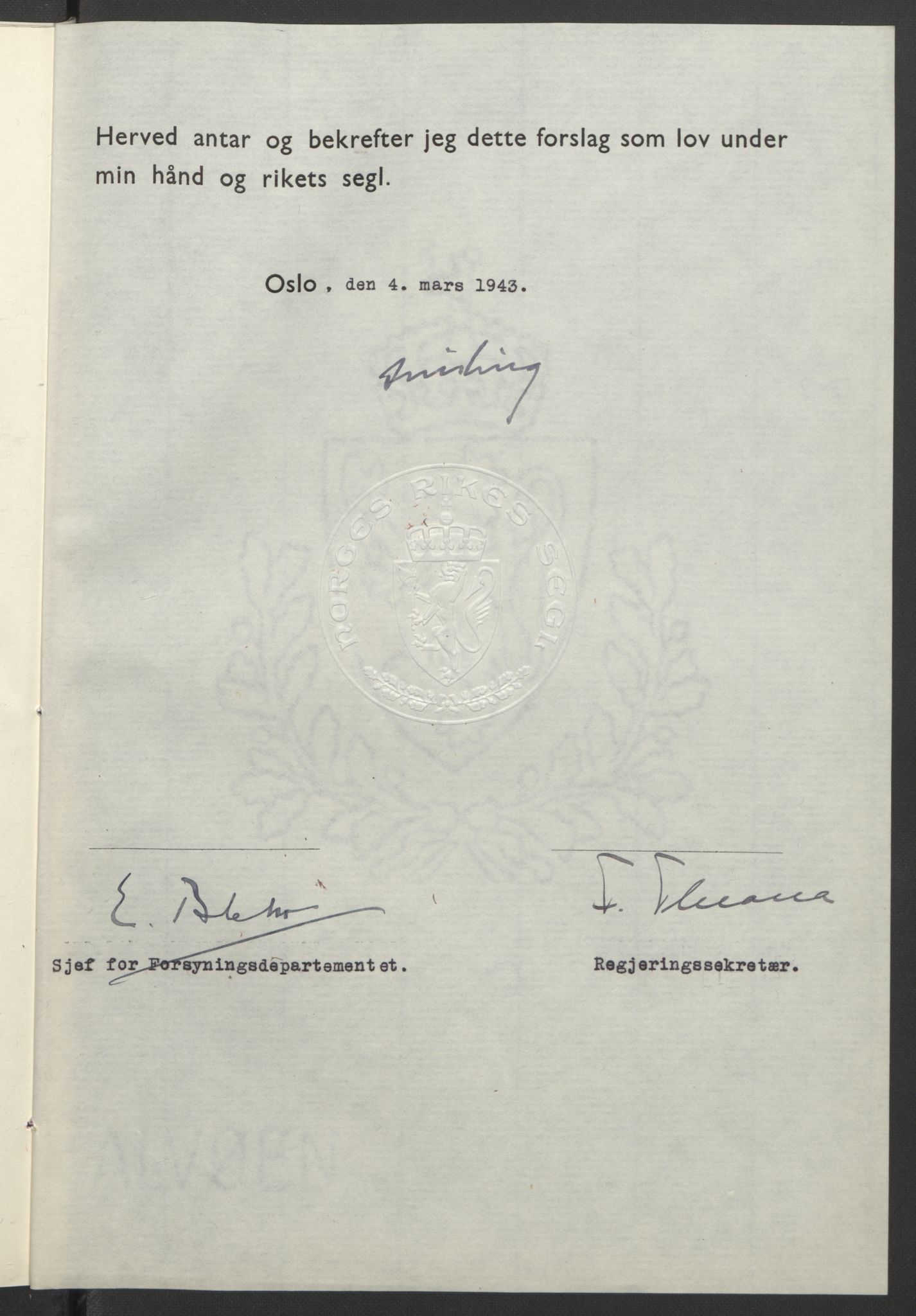 NS-administrasjonen 1940-1945 (Statsrådsekretariatet, de kommisariske statsråder mm), AV/RA-S-4279/D/Db/L0099: Lover, 1943, s. 183