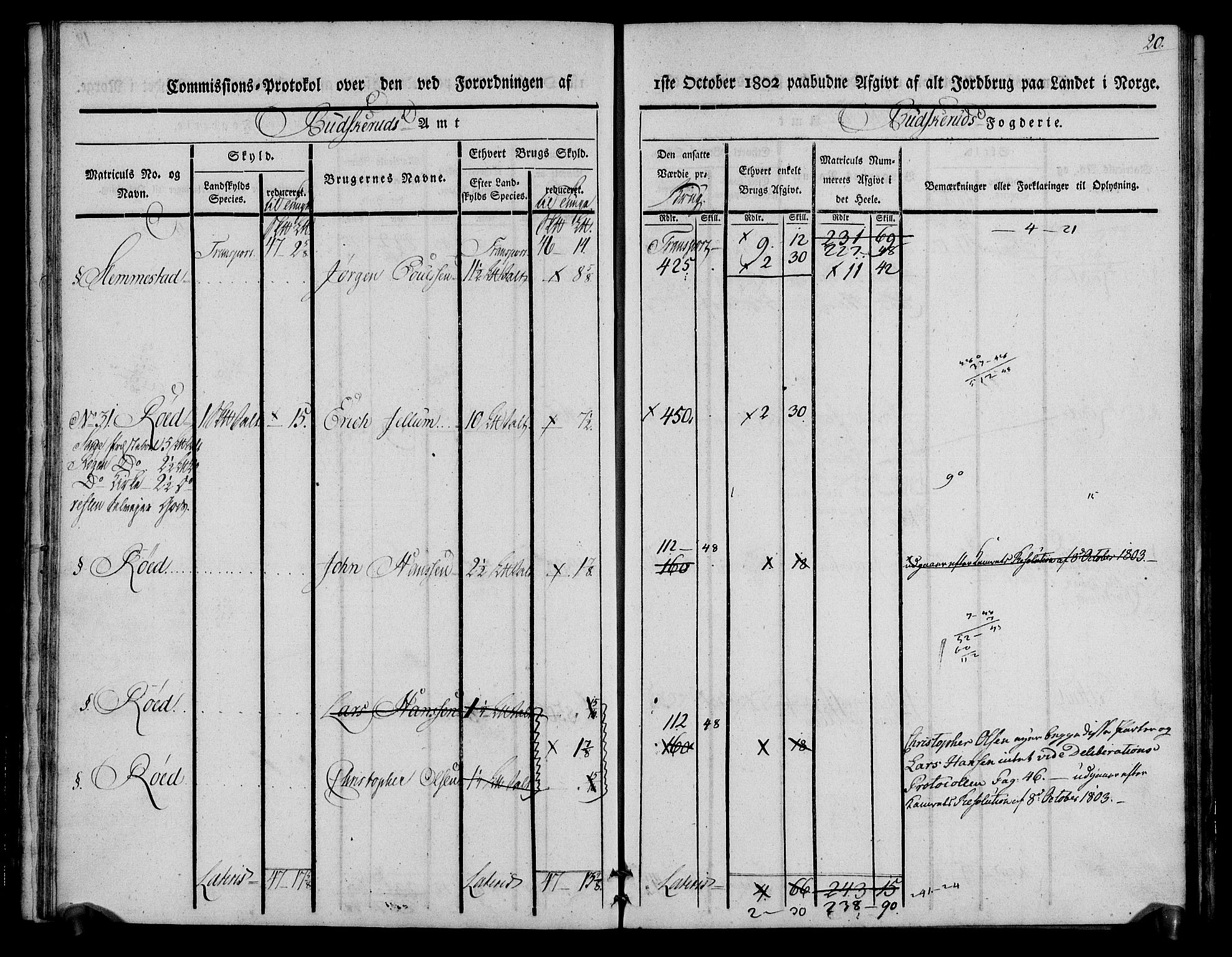 Rentekammeret inntil 1814, Realistisk ordnet avdeling, AV/RA-EA-4070/N/Ne/Nea/L0062: Buskerud fogderi. Kommisjonsprotokoll for Røyken prestegjeld, 1803, s. 20