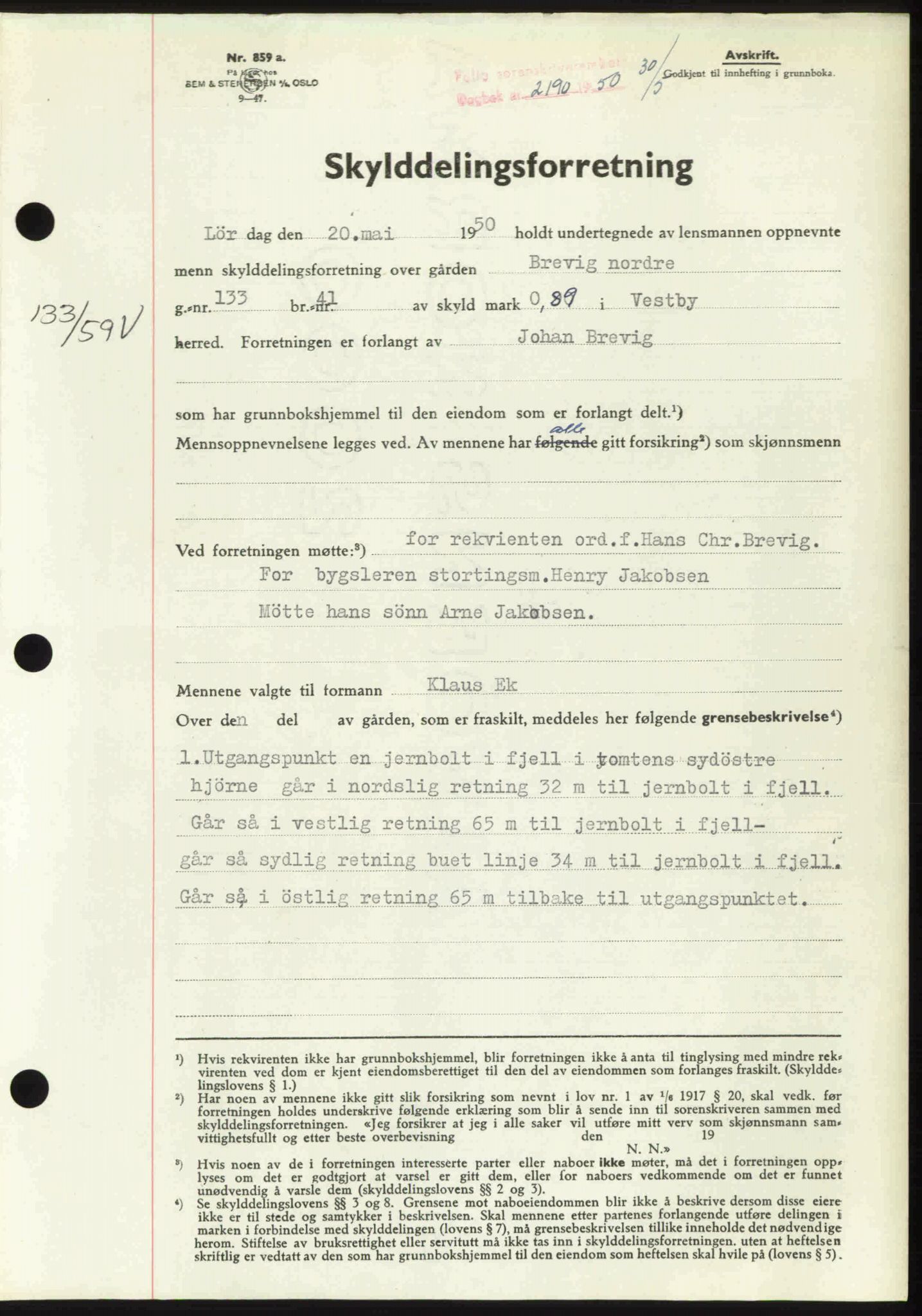 Follo sorenskriveri, SAO/A-10274/G/Ga/Gaa/L0092: Pantebok nr. I 92, 1950-1950, Dagboknr: 2190/1950