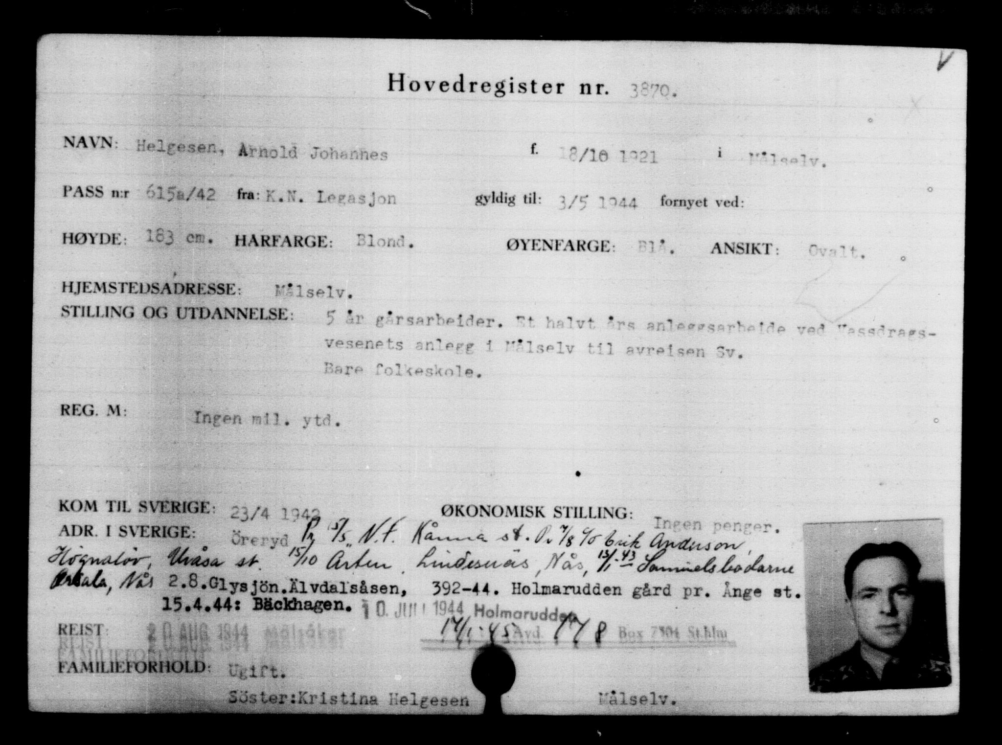 Utenriksstasjonene, Legasjonen i Stockholm, Flyktningkontoret, AV/RA-S-6753/V/Va/L0004: Kjesäterkartoteket, flyktninger med registreringsnr. 3496-6610, 1940-1945, s. 435