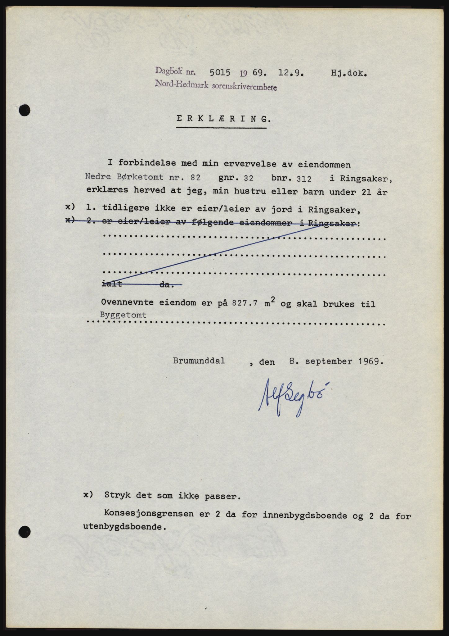 Nord-Hedmark sorenskriveri, SAH/TING-012/H/Hc/L0031: Pantebok nr. 31, 1969-1969, Dagboknr: 5015/1969