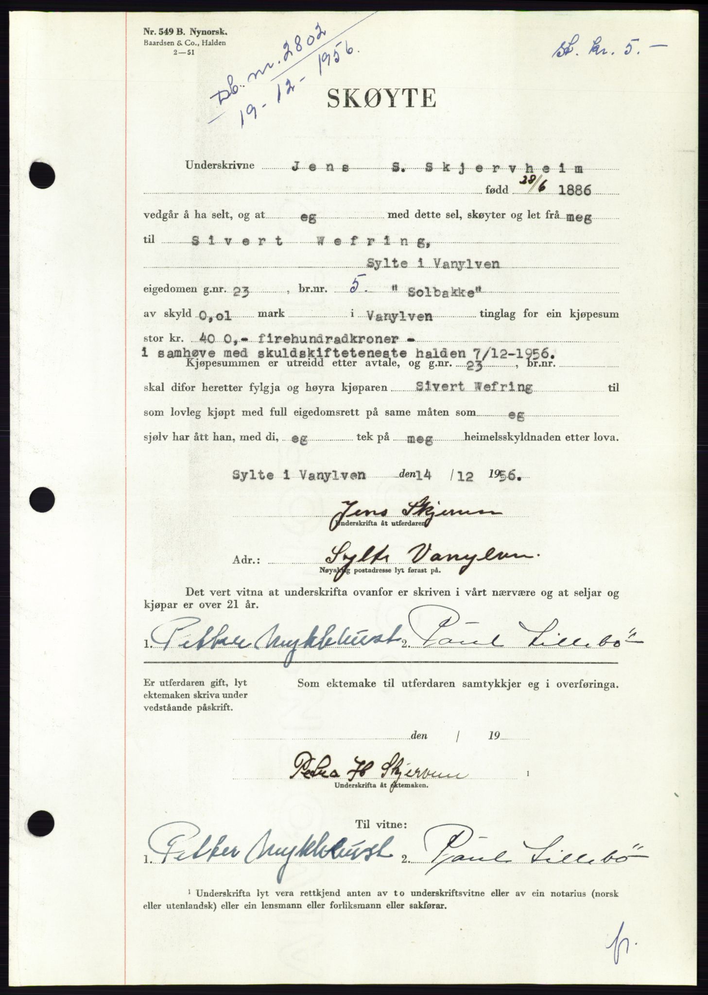 Søre Sunnmøre sorenskriveri, AV/SAT-A-4122/1/2/2C/L0105: Pantebok nr. 31A, 1956-1957, Dagboknr: 2802/1956