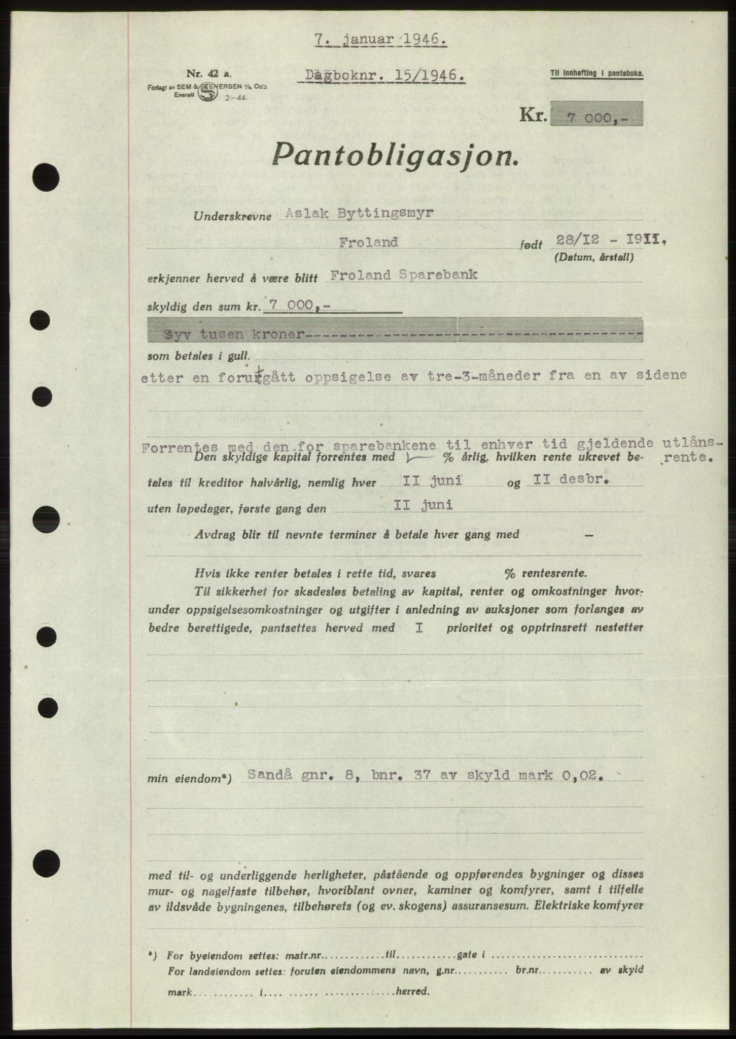 Nedenes sorenskriveri, SAK/1221-0006/G/Gb/Gbb/L0003: Pantebok nr. B3b, 1946-1946, Dagboknr: 15/1946