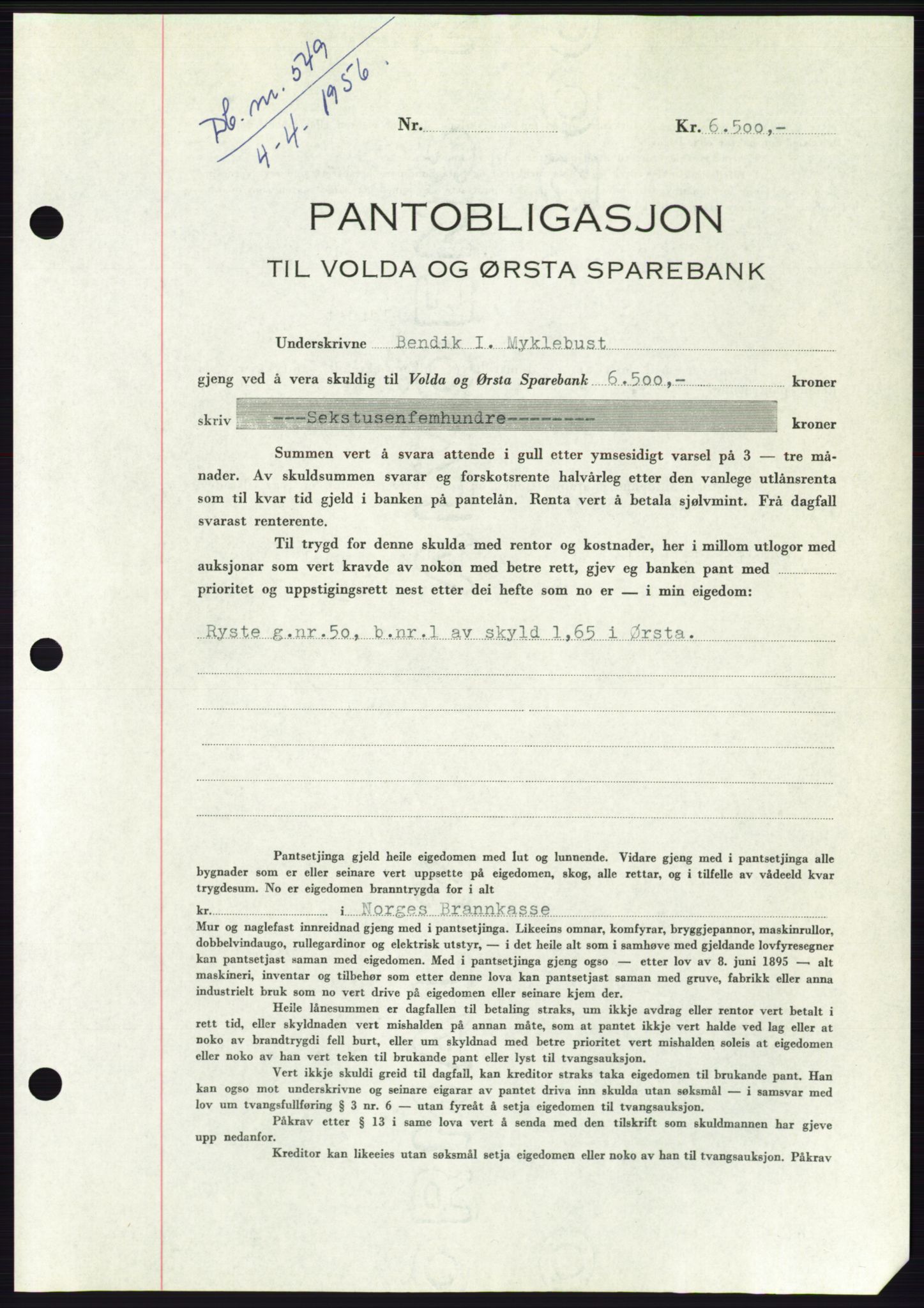 Søre Sunnmøre sorenskriveri, SAT/A-4122/1/2/2C/L0128: Pantebok nr. 16B, 1956-1956, Dagboknr: 549/1956