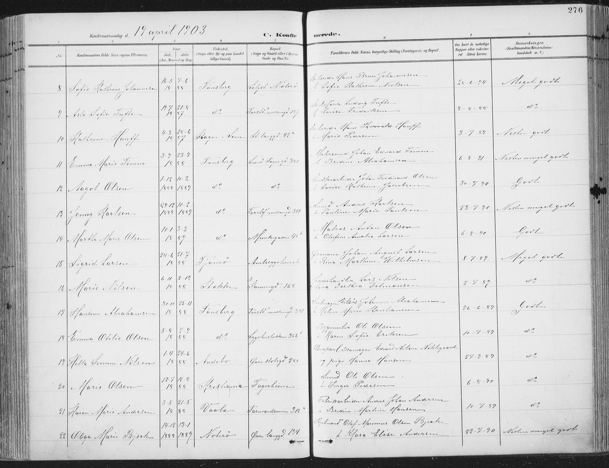 Tønsberg kirkebøker, AV/SAKO-A-330/F/Fa/L0014: Ministerialbok nr. I 14, 1900-1913, s. 276