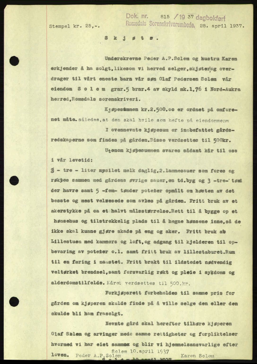 Romsdal sorenskriveri, SAT/A-4149/1/2/2C: Pantebok nr. A3, 1937-1937, Dagboknr: 815/1937