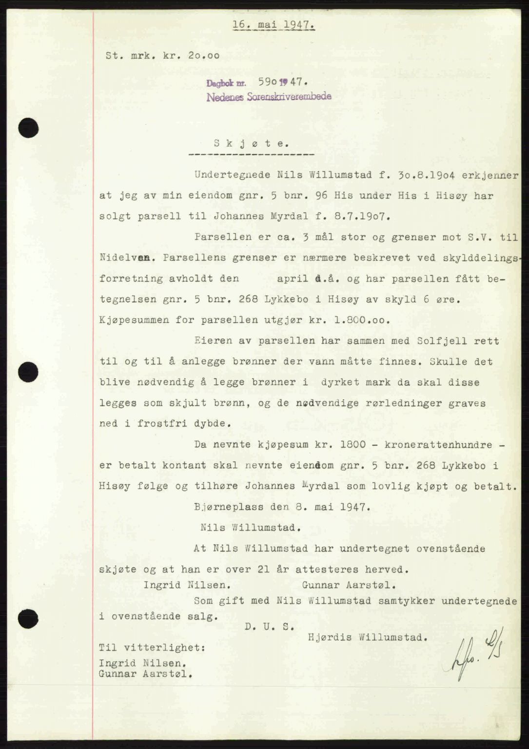 Nedenes sorenskriveri, SAK/1221-0006/G/Gb/Gba/L0057: Pantebok nr. A9, 1947-1947, Dagboknr: 590/1947