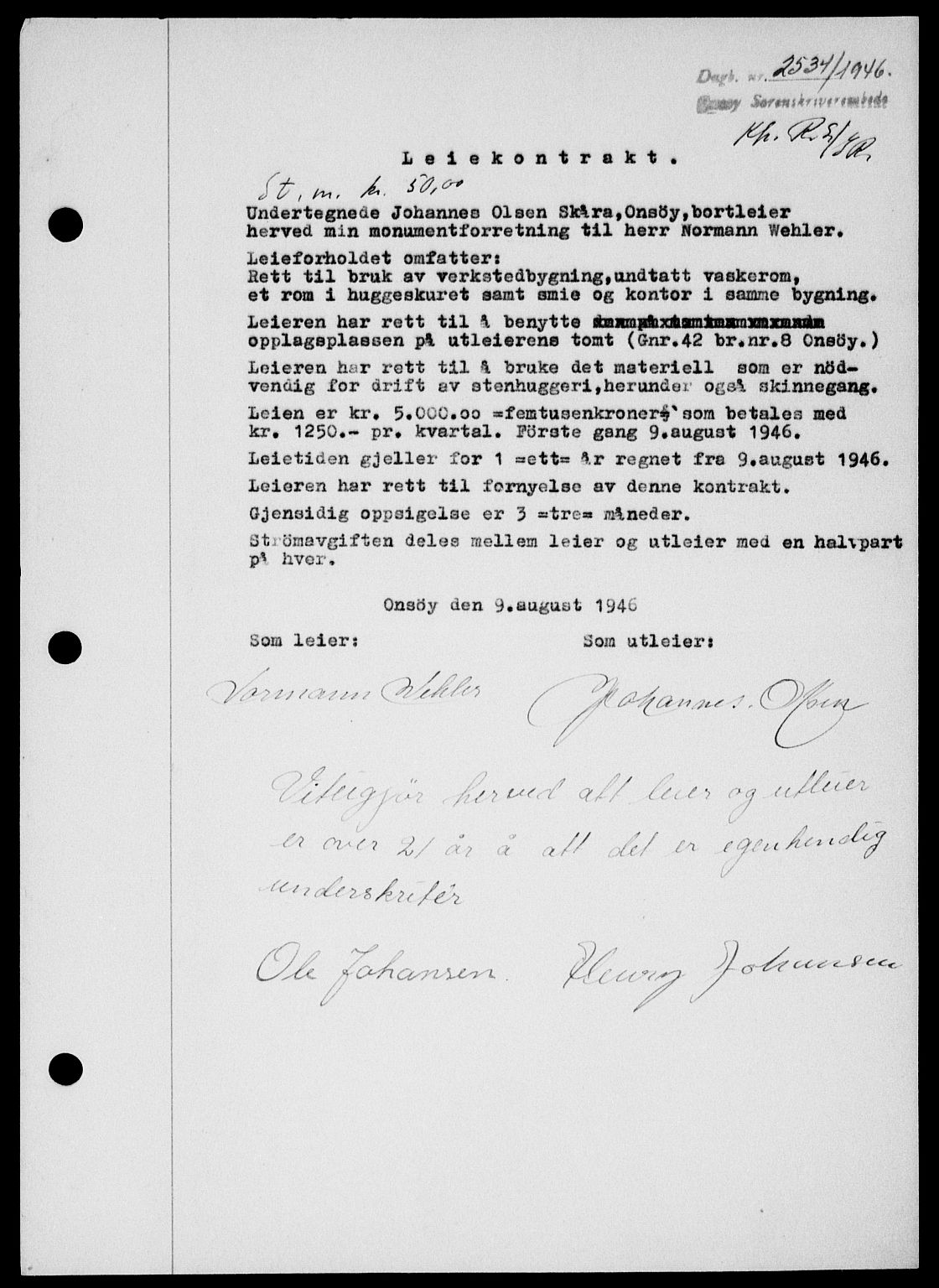 Onsøy sorenskriveri, SAO/A-10474/G/Ga/Gab/L0017: Pantebok nr. II A-17, 1946-1946, Dagboknr: 2534/1946
