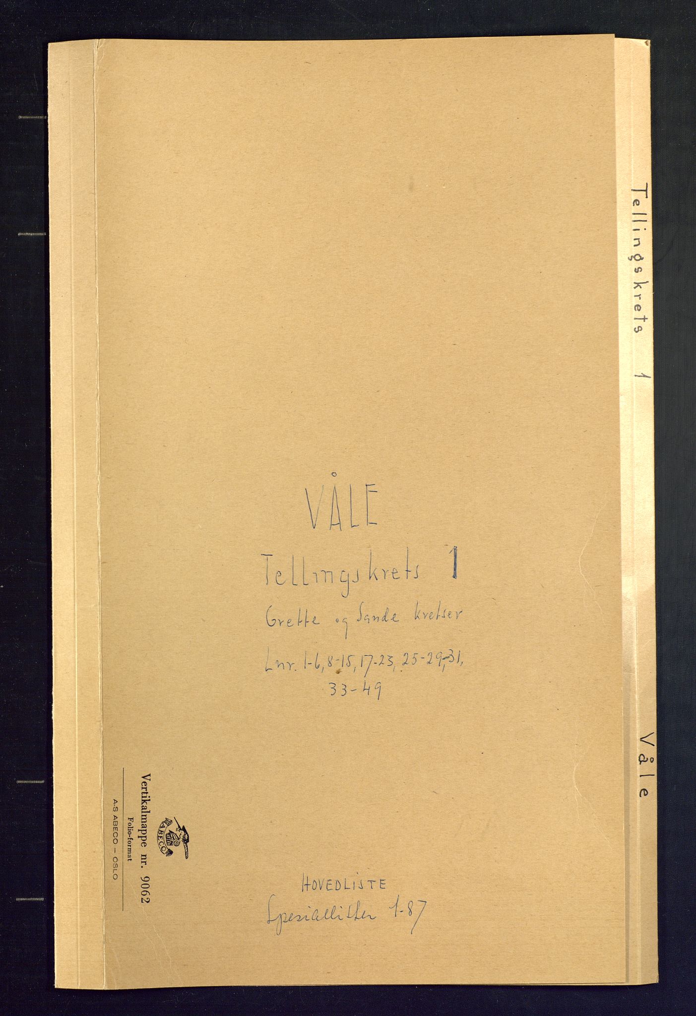 SAKO, Folketelling 1875 for 0716P Våle prestegjeld, 1875, s. 1