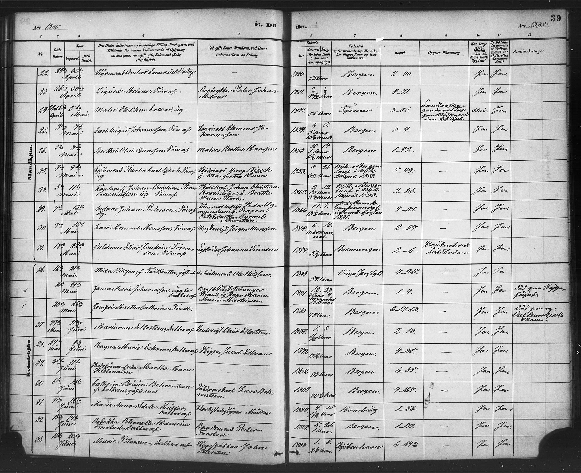 Nykirken Sokneprestembete, AV/SAB-A-77101/H/Haa/L0044: Ministerialbok nr. E 4, 1882-1898, s. 39