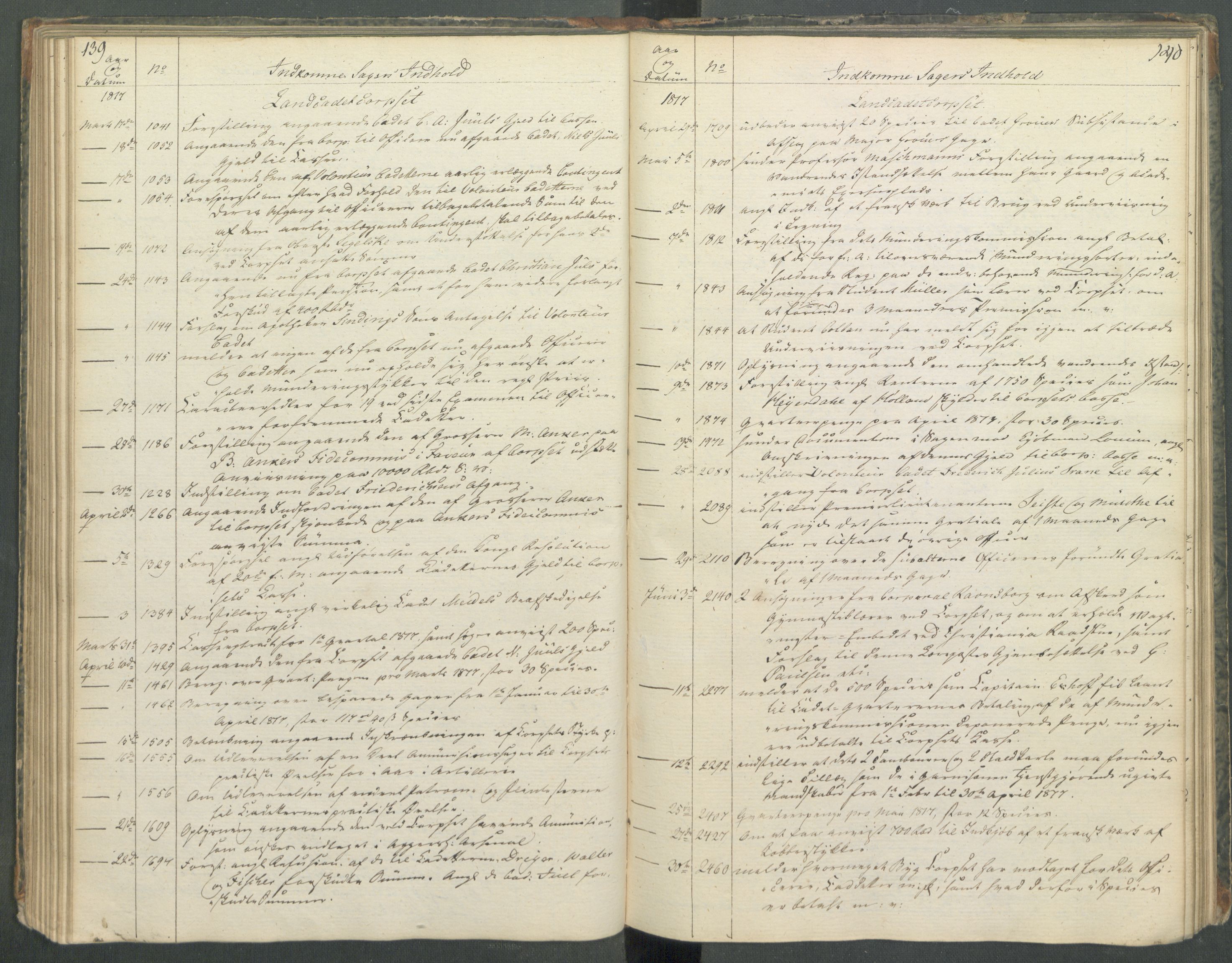 Armédepartementet, RA/RAFA-3493/C/Ca/L0013: 6. Departements register over innkomne saker, 1817, s. 139-140