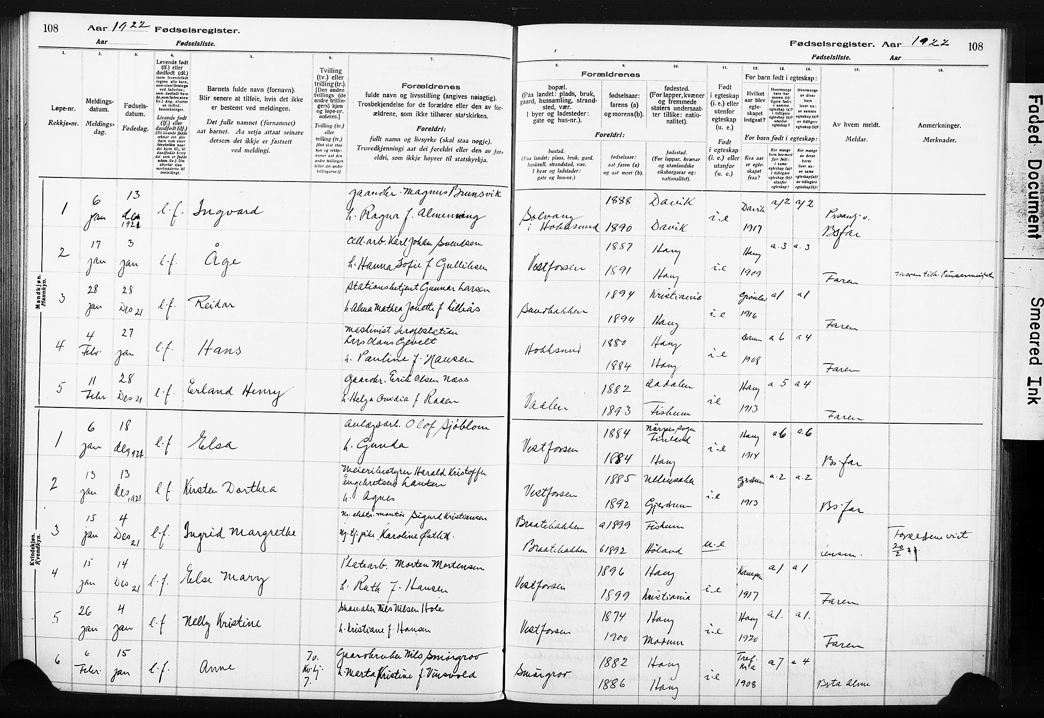 Eiker kirkebøker, AV/SAKO-A-4/J/Ja/L0001: Fødselsregister nr. I 1, 1916-1927, s. 108