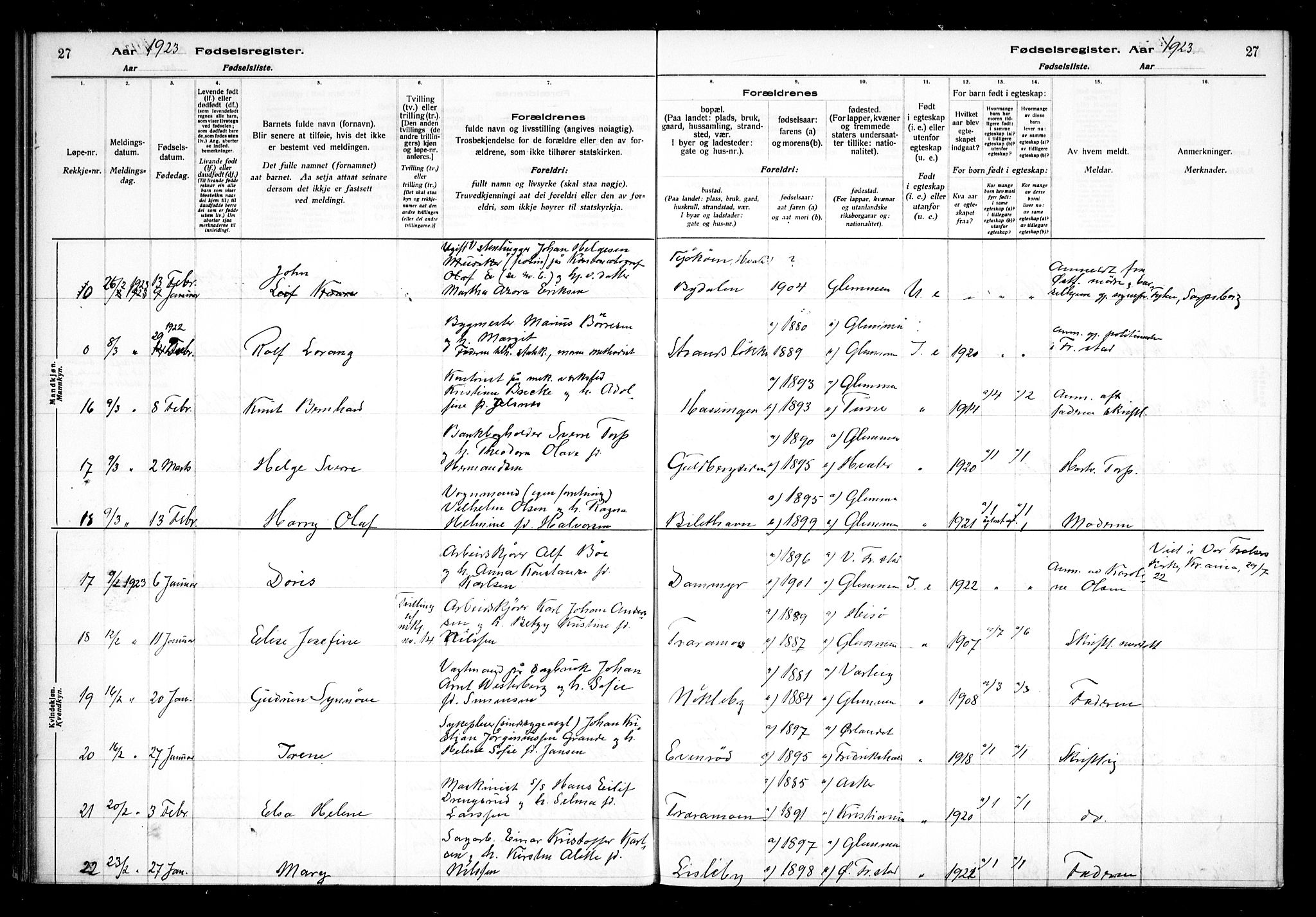 Glemmen prestekontor Kirkebøker, AV/SAO-A-10908/J/Ja/L0002: Fødselsregister nr. I 2, 1922-1929, s. 27