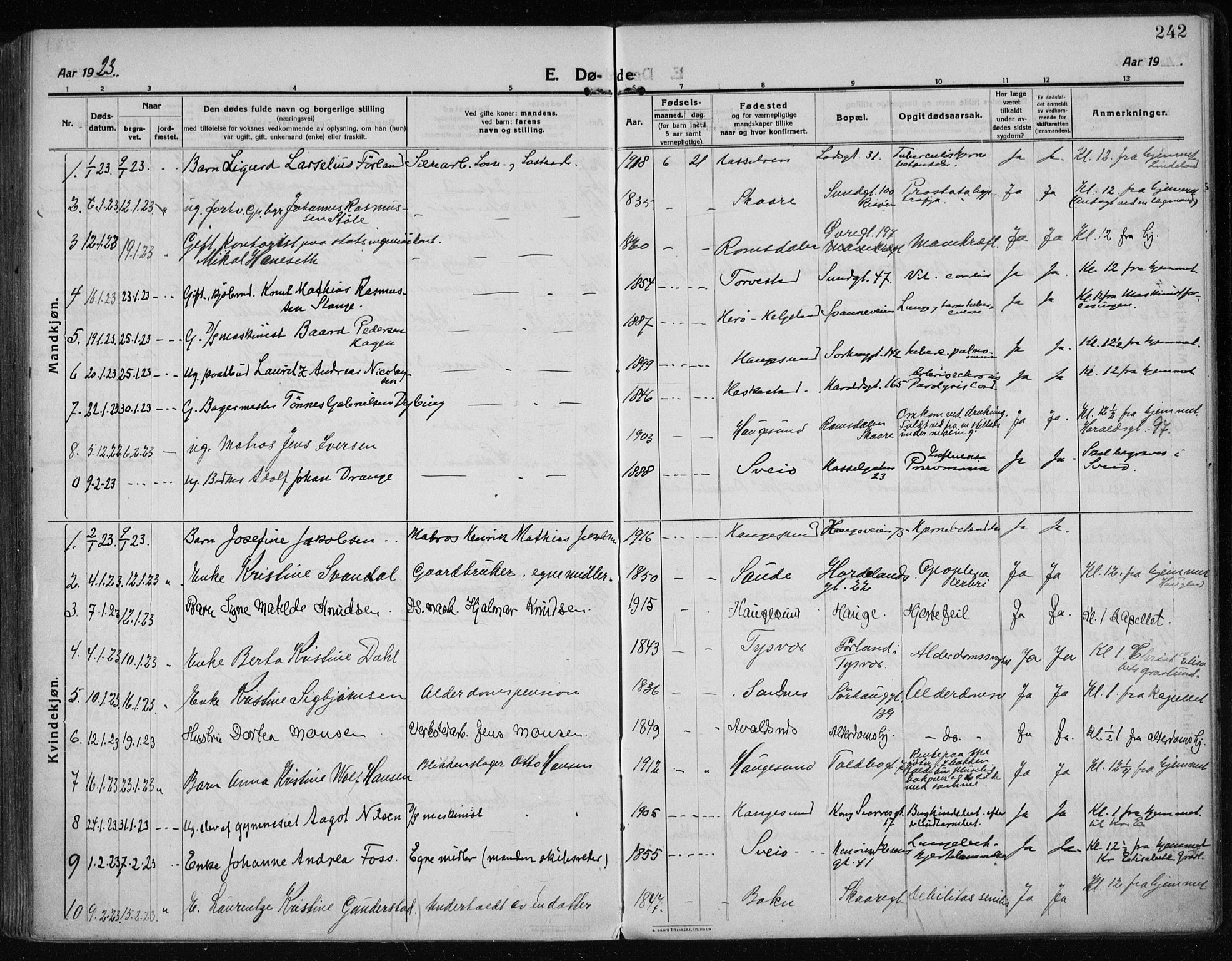 Haugesund sokneprestkontor, AV/SAST-A -101863/H/Ha/Haa/L0009: Ministerialbok nr. A 9, 1914-1929, s. 242