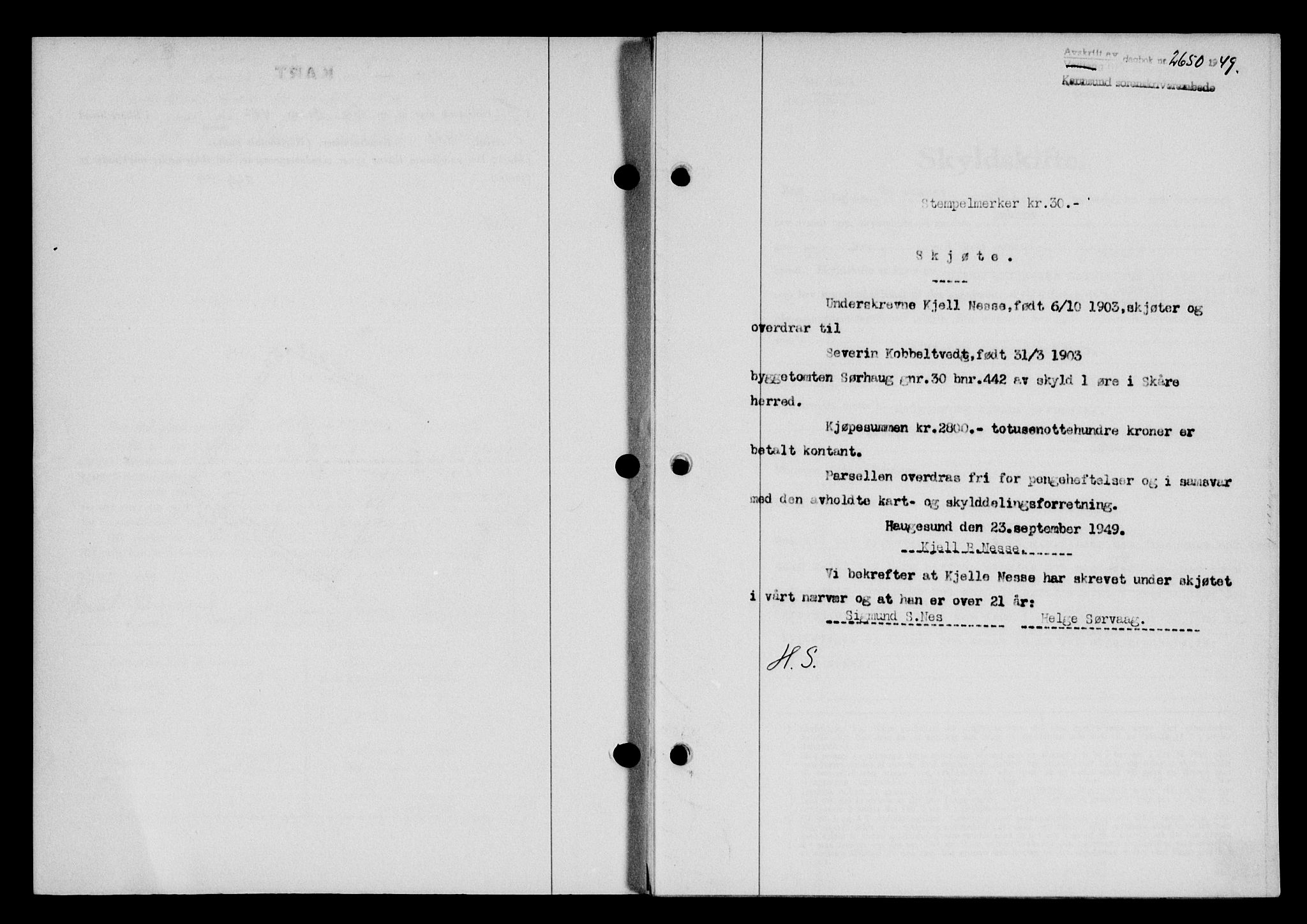 Karmsund sorenskriveri, SAST/A-100311/01/II/IIB/L0097: Pantebok nr. 77A, 1949-1949, Dagboknr: 2650/1949