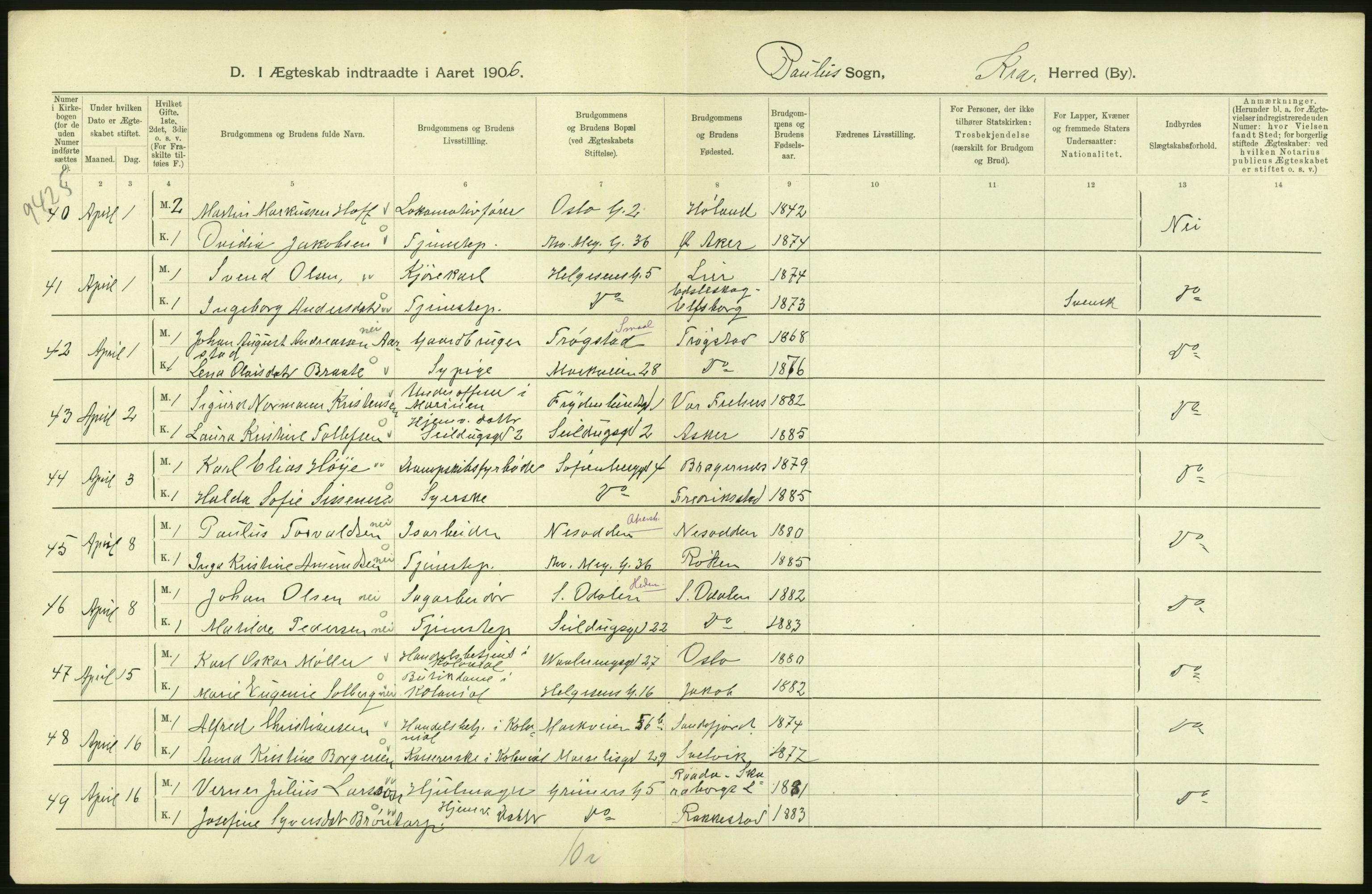 Statistisk sentralbyrå, Sosiodemografiske emner, Befolkning, AV/RA-S-2228/D/Df/Dfa/Dfad/L0008: Kristiania: Gifte, 1906, s. 560