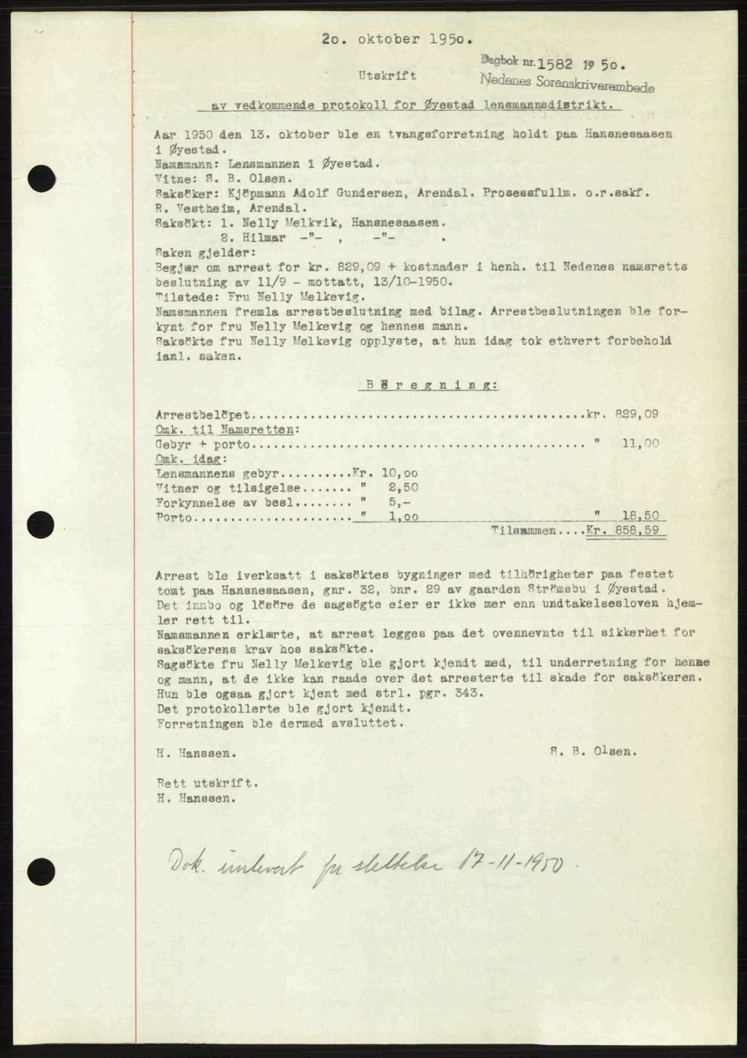 Nedenes sorenskriveri, SAK/1221-0006/G/Gb/Gba/L0063: Pantebok nr. A15, 1950-1950, Dagboknr: 1582/1950