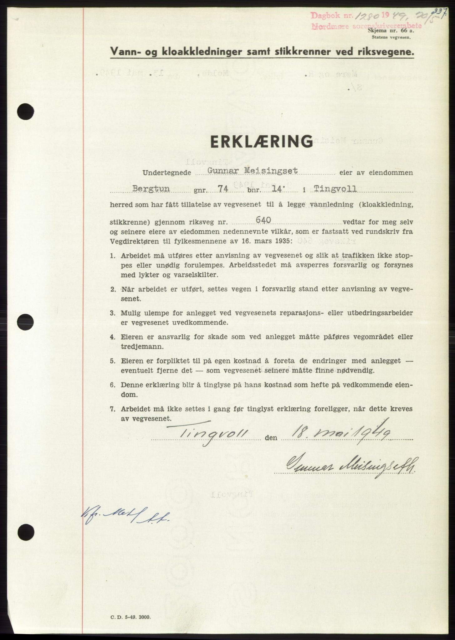 Nordmøre sorenskriveri, SAT/A-4132/1/2/2Ca: Pantebok nr. B101, 1949-1949, Dagboknr: 1280/1949