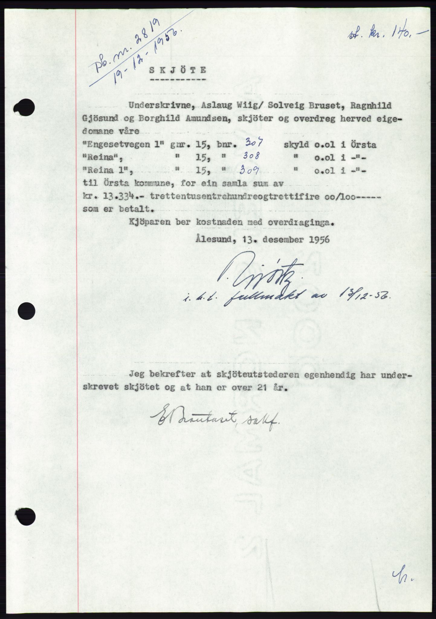 Søre Sunnmøre sorenskriveri, AV/SAT-A-4122/1/2/2C/L0105: Pantebok nr. 31A, 1956-1957, Dagboknr: 2819/1956