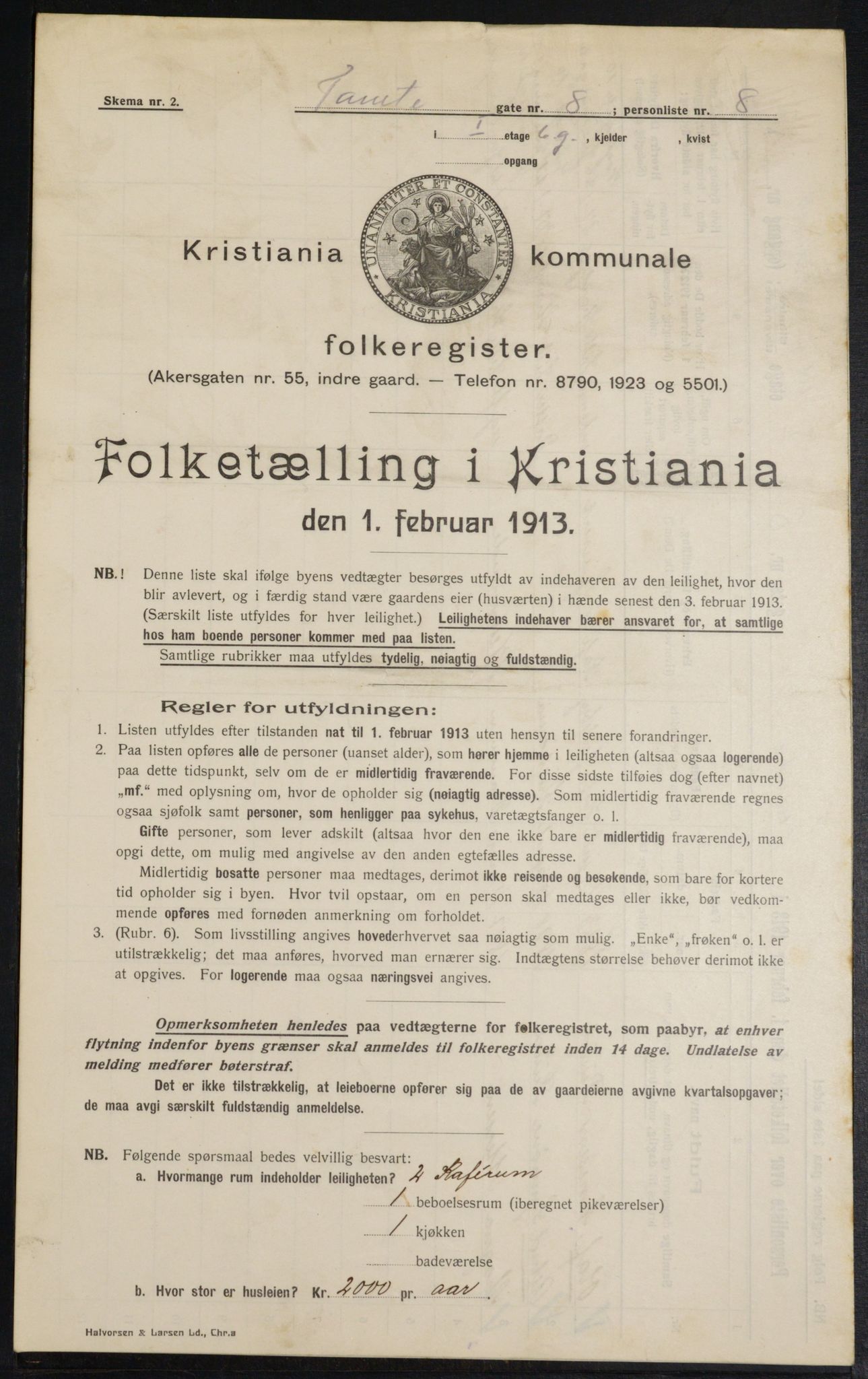 OBA, Kommunal folketelling 1.2.1913 for Kristiania, 1913, s. 113501