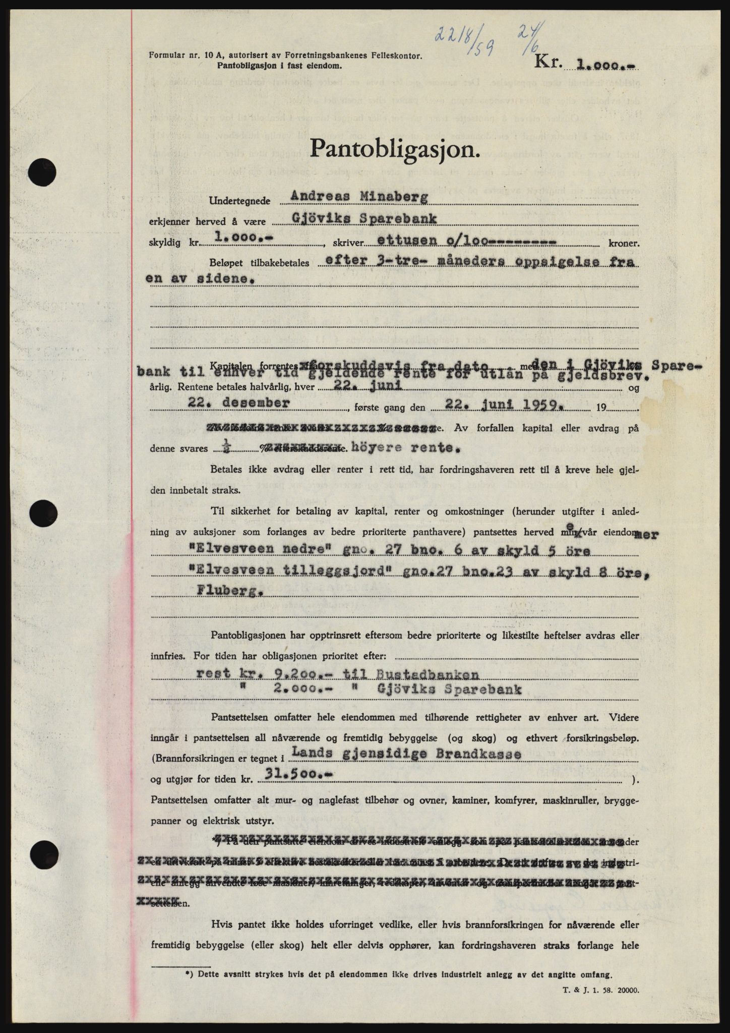 Hadeland og Land tingrett, SAH/TING-010/H/Hb/Hbc/L0040: Pantebok nr. B40, 1959-1959, Dagboknr: 2218/1959