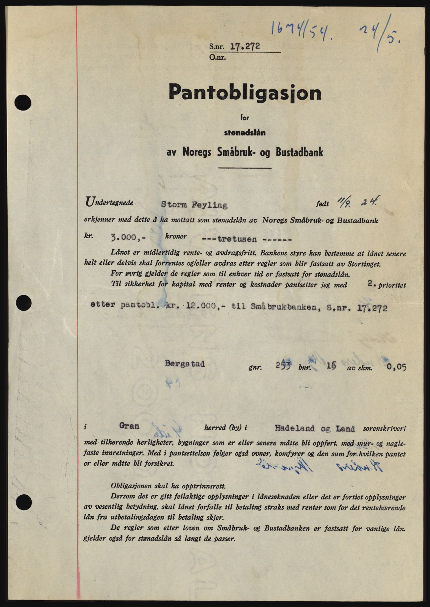 Hadeland og Land tingrett, SAH/TING-010/H/Hb/Hbc/L0029: Pantebok nr. B29, 1954-1954, Dagboknr: 1674/1954