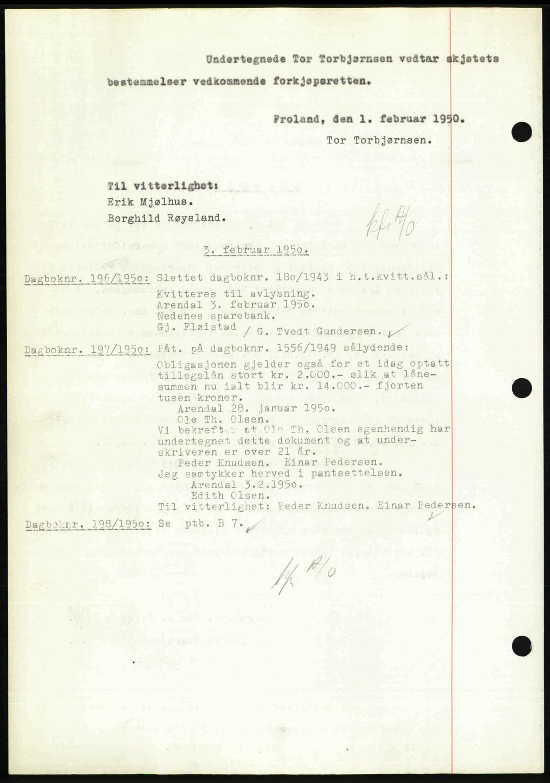 Nedenes sorenskriveri, AV/SAK-1221-0006/G/Gb/Gba/L0062: Pantebok nr. A14, 1949-1950, Dagboknr: 195/1950