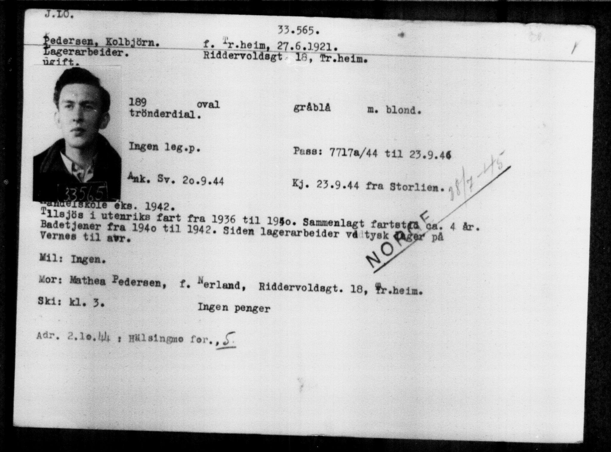 Utenriksstasjonene, Legasjonen i Stockholm, Flyktningkontoret, AV/RA-S-6753/V/Va/L0013: Kjesäterkartoteket, flyktninger med registreringsnr. 31500-34731, 1940-1945, s. 2180