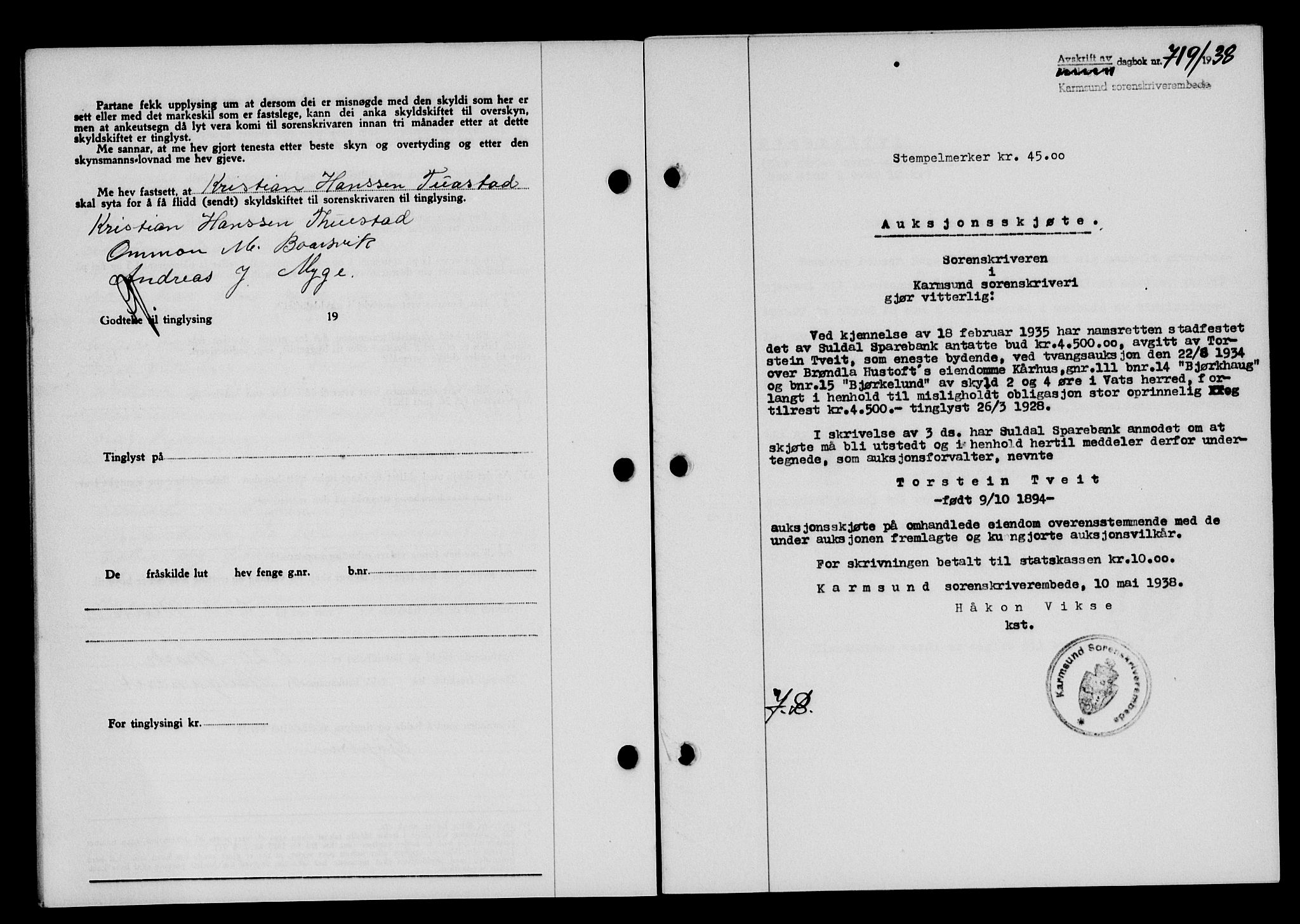 Karmsund sorenskriveri, SAST/A-100311/01/II/IIB/L0069: Pantebok nr. 50A, 1937-1938, Dagboknr: 719/1938