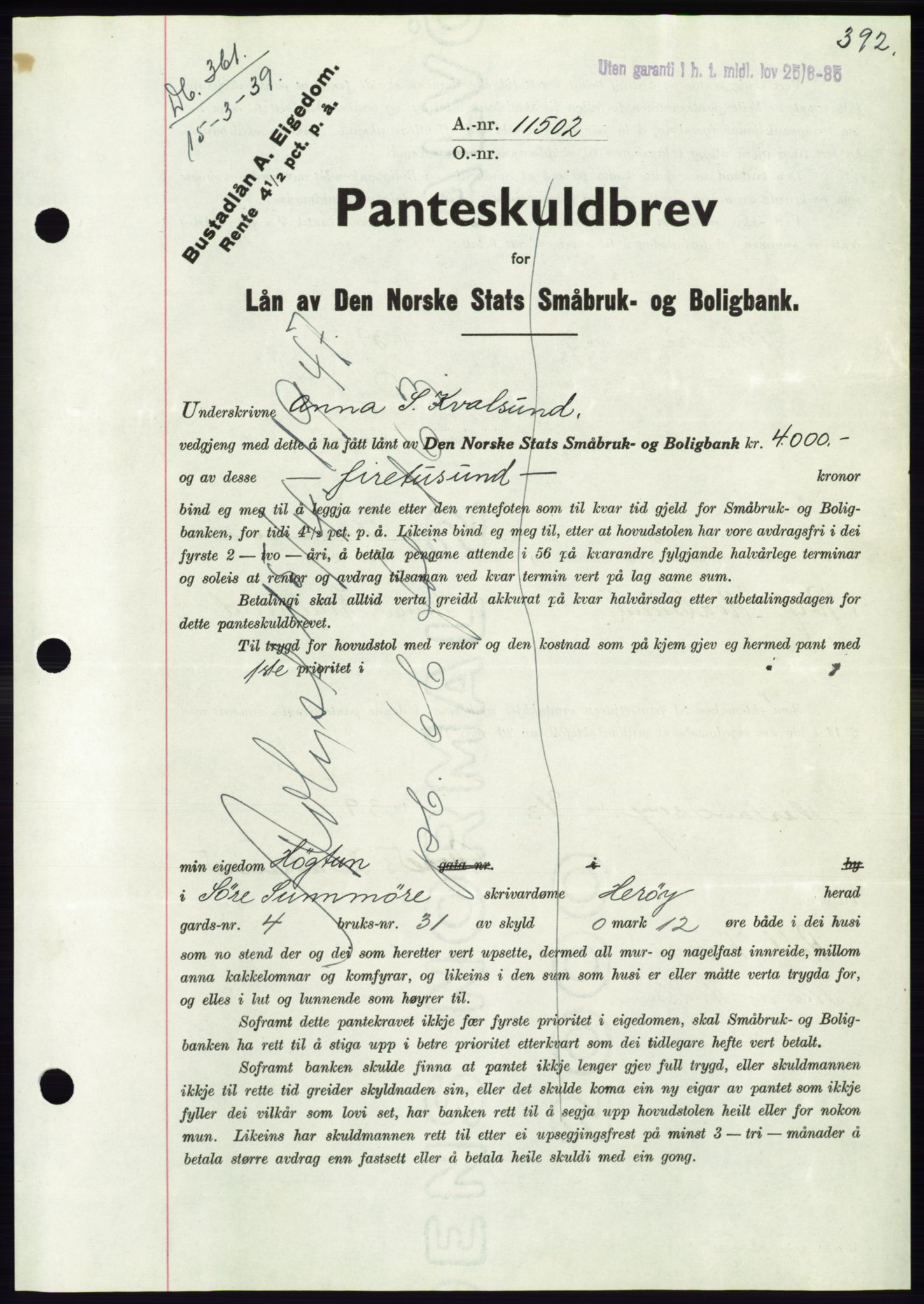 Søre Sunnmøre sorenskriveri, AV/SAT-A-4122/1/2/2C/L0067: Pantebok nr. 61, 1938-1939, Dagboknr: 361/1939