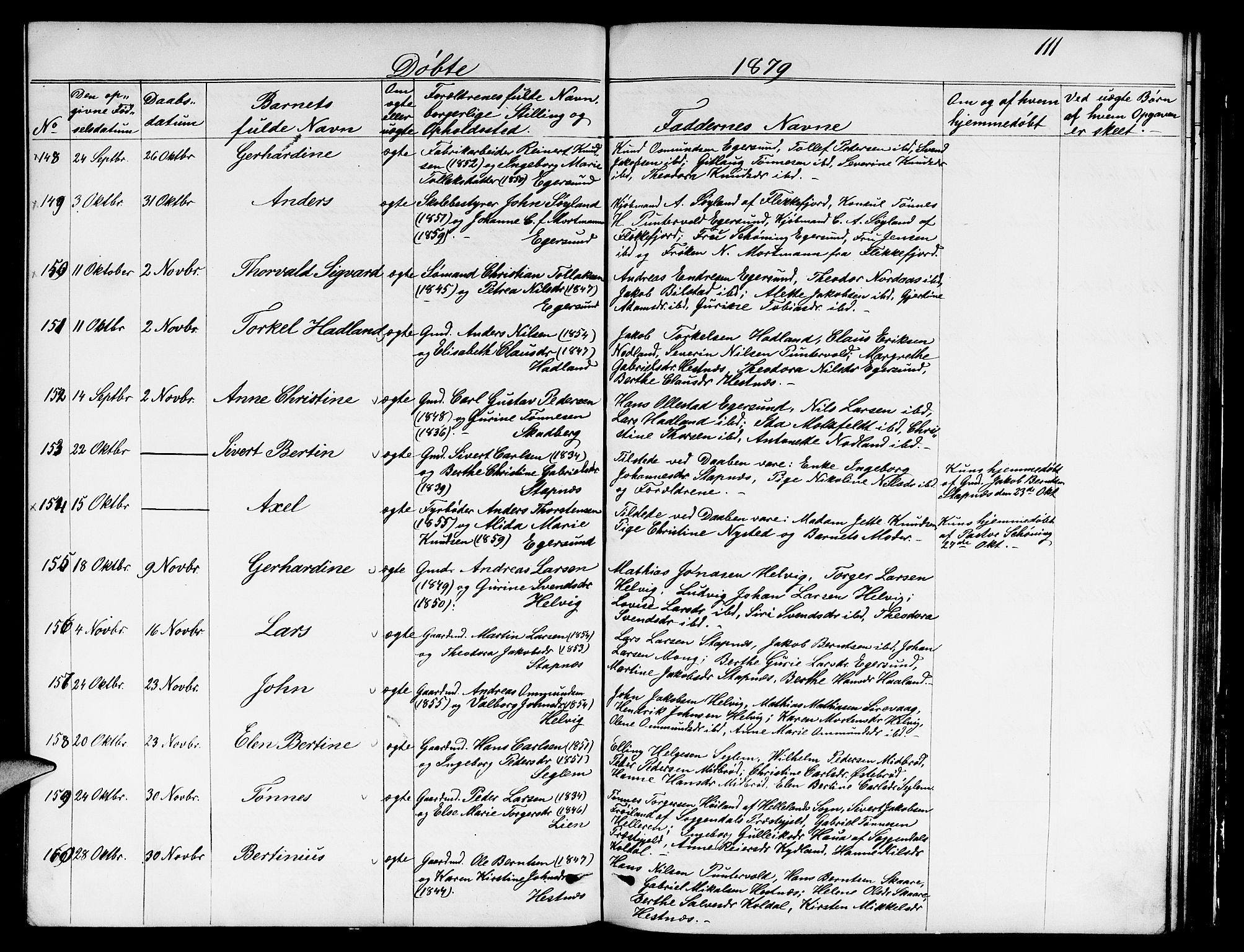 Eigersund sokneprestkontor, AV/SAST-A-101807/S09/L0005: Klokkerbok nr. B 5, 1872-1881, s. 111