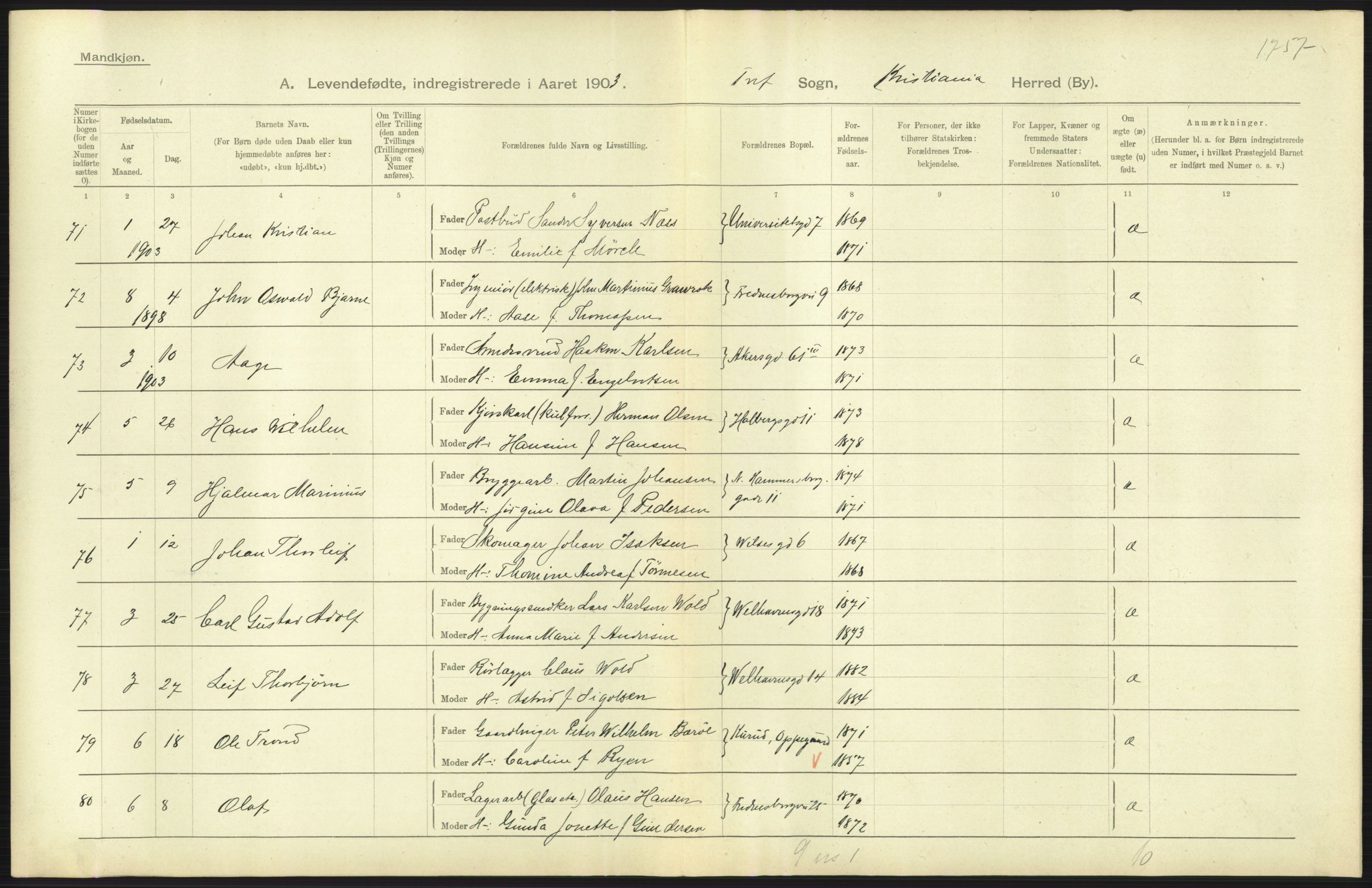 Statistisk sentralbyrå, Sosiodemografiske emner, Befolkning, AV/RA-S-2228/D/Df/Dfa/Dfaa/L0003: Kristiania: Fødte, 1903, s. 235