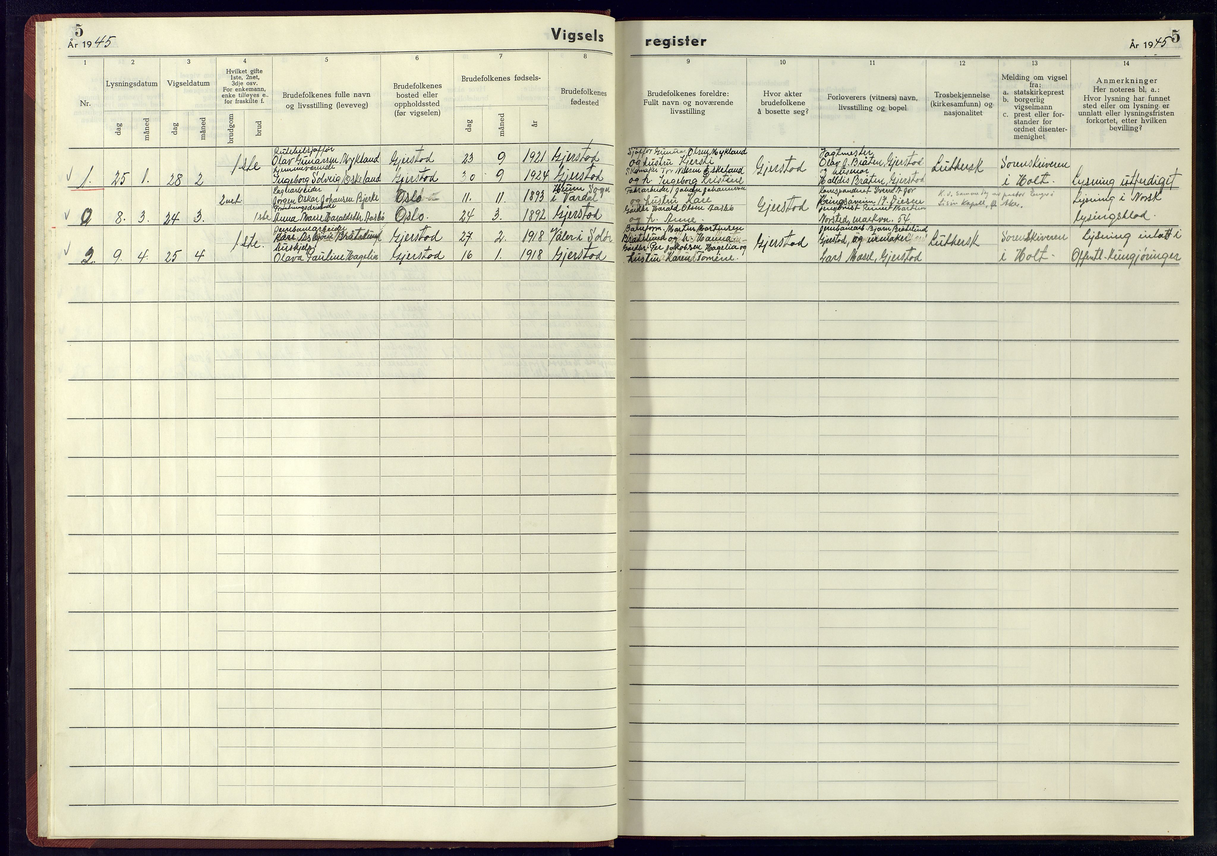 Gjerstad sokneprestkontor, SAK/1111-0014/J/Je/L0003: Vigselsregister nr. A-VI-5, 1942-1945, s. 5