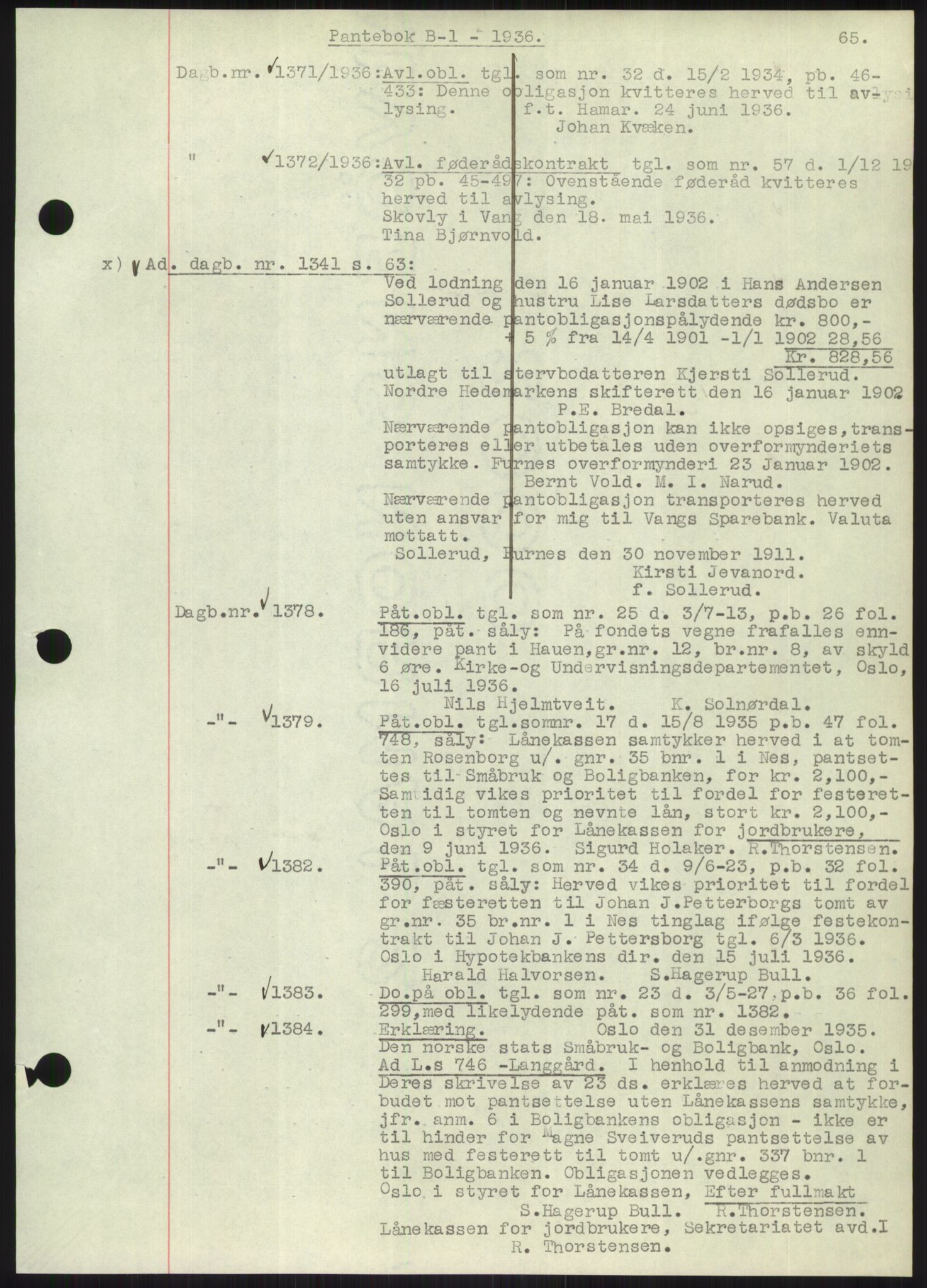 Nord-Hedmark sorenskriveri, SAH/TING-012/H/Hb/Hbf/L0001: Pantebok nr. B1, 1936-1936, Dagboknr: 1371/1936