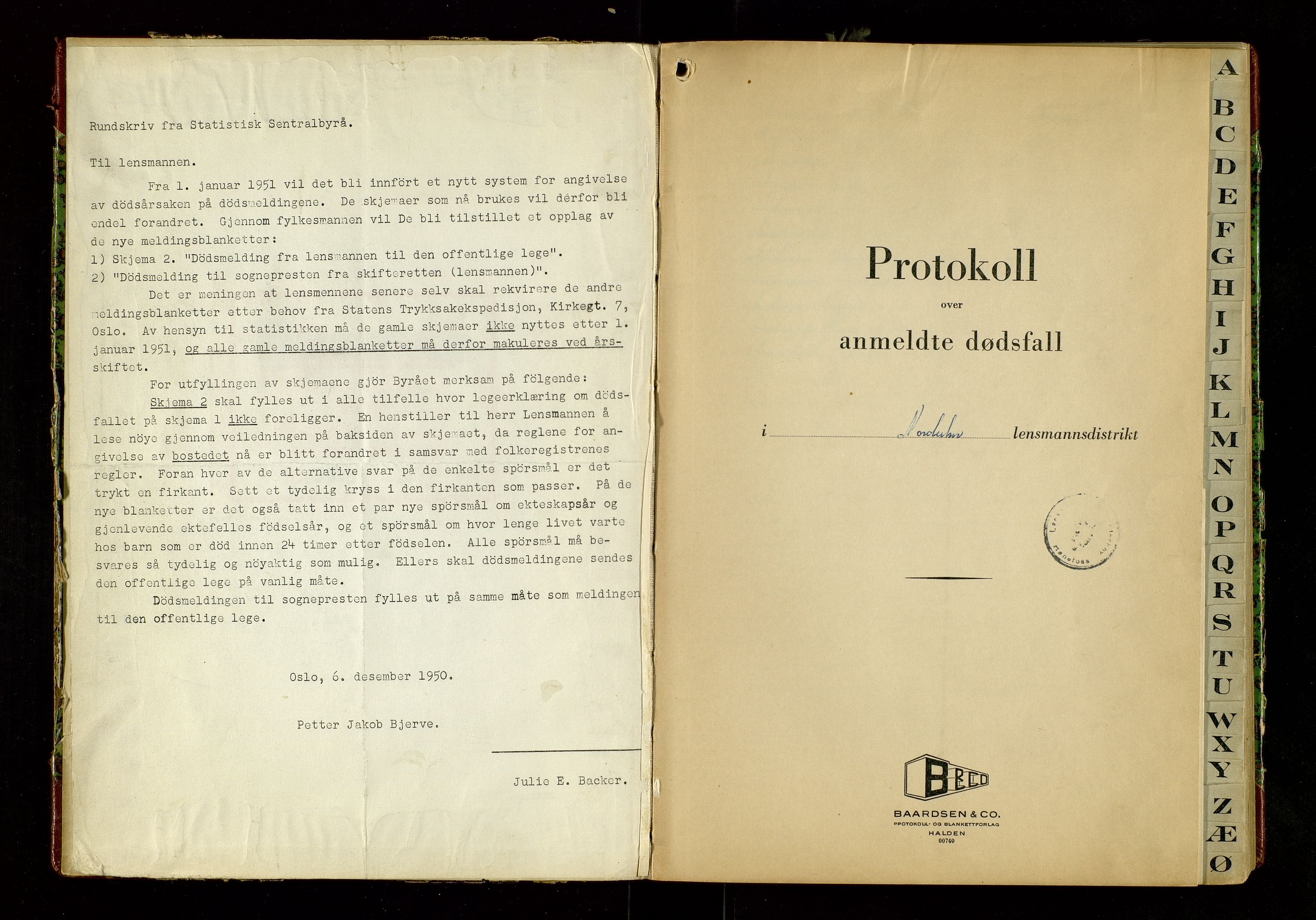 Norderhov lensmannskontor, AV/SAKO-A-526/H/Ha/L0009: Dødsanmeldelsesprotokoll, 1950-1955