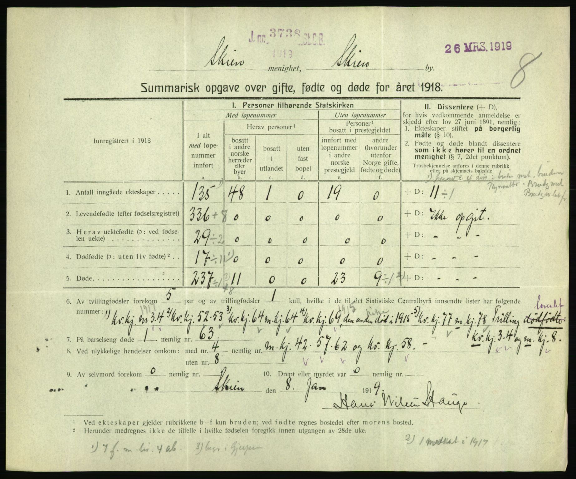 Statistisk sentralbyrå, Sosiodemografiske emner, Befolkning, RA/S-2228/D/Df/Dfb/Dfbh/L0059: Summariske oppgaver over gifte, fødte og døde for hele landet., 1918, s. 603