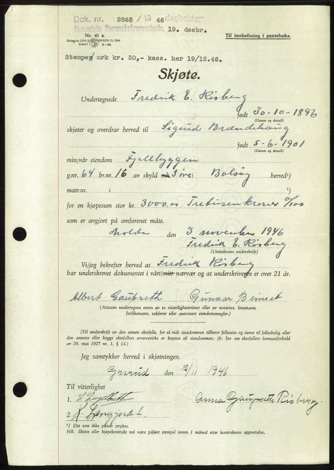 Romsdal sorenskriveri, AV/SAT-A-4149/1/2/2C: Pantebok nr. A21, 1946-1946, Dagboknr: 2865/1946