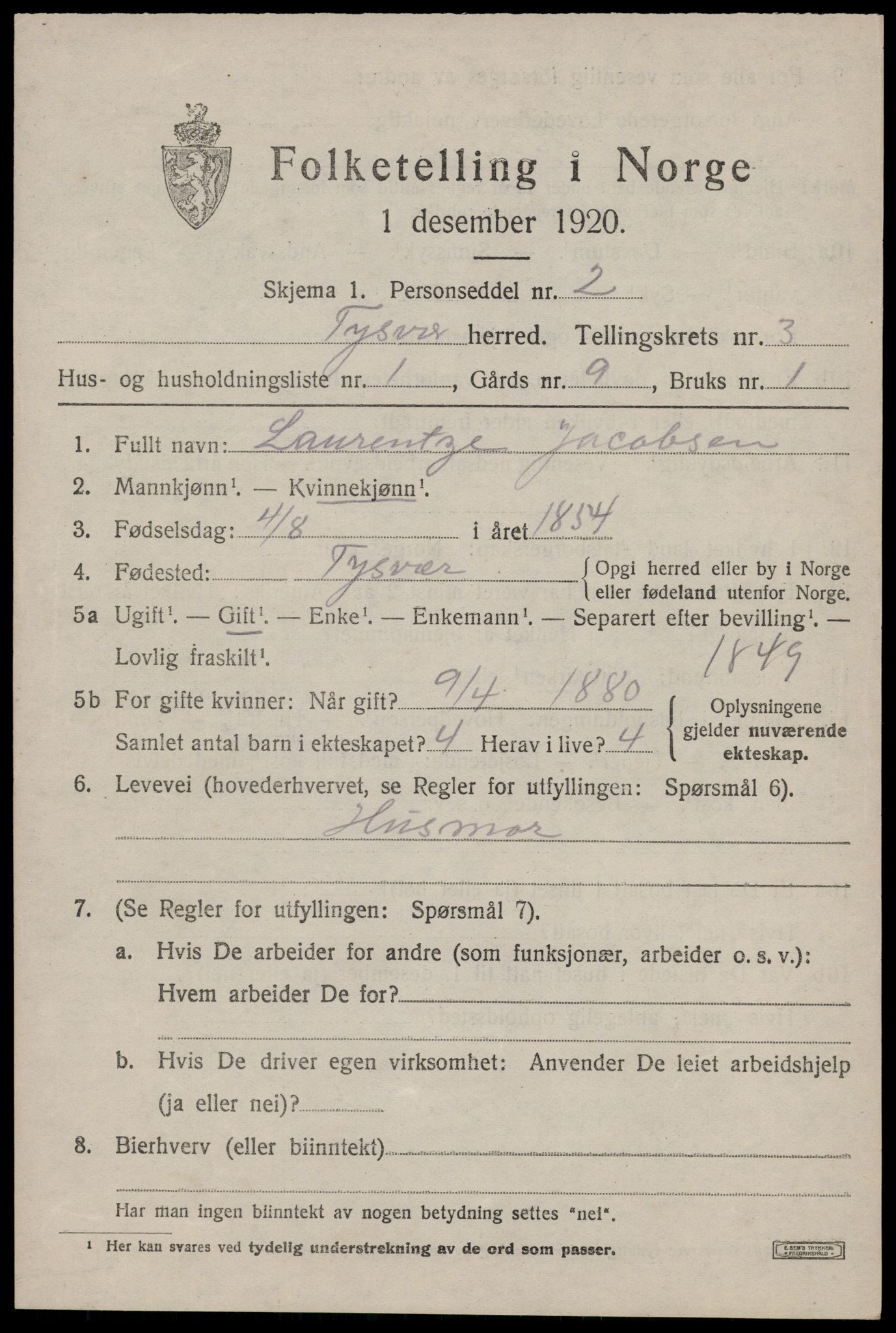 SAST, Folketelling 1920 for 1146 Tysvær herred, 1920, s. 1340