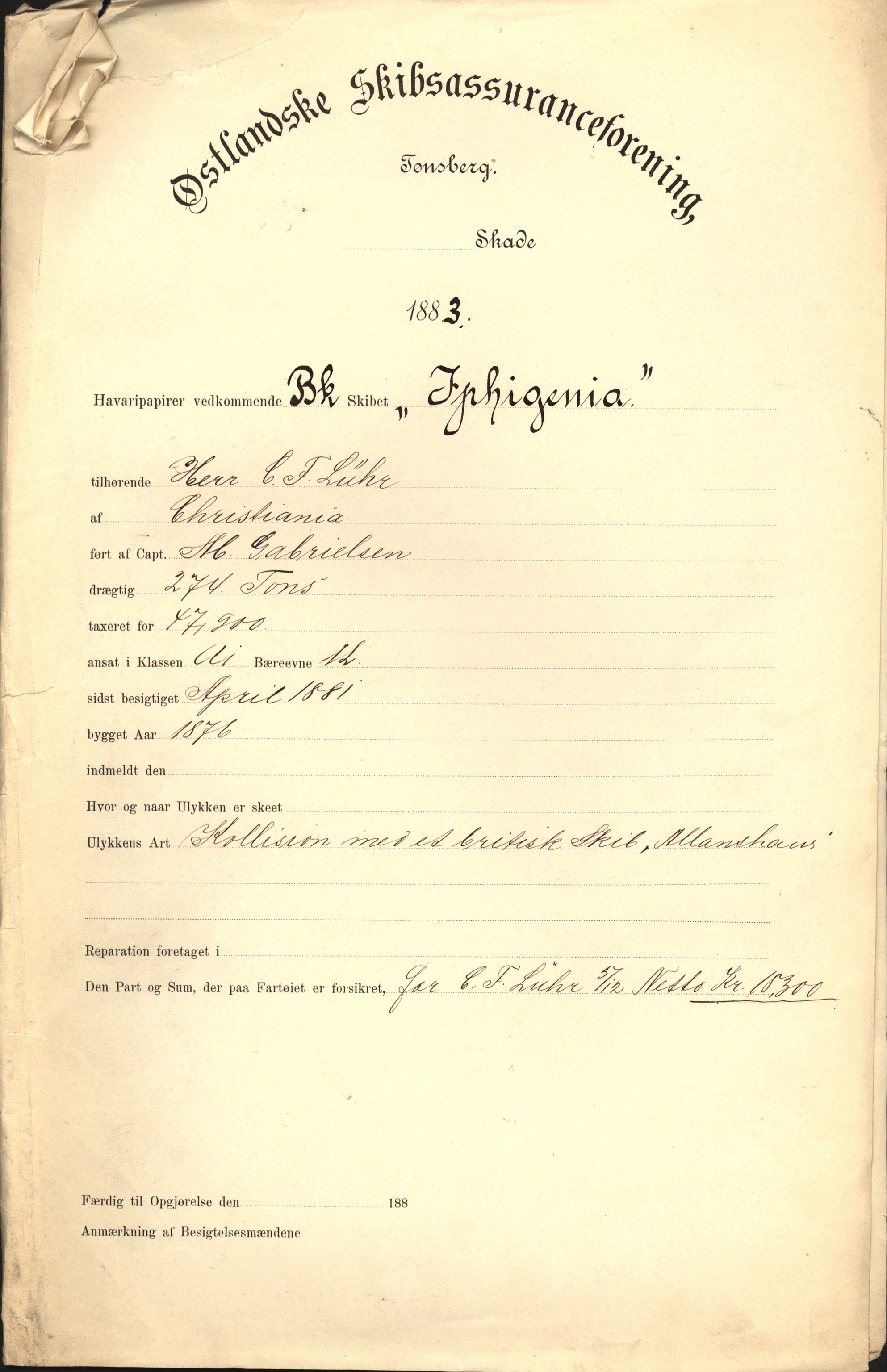 Pa 63 - Østlandske skibsassuranceforening, VEMU/A-1079/G/Ga/L0016/0011: Havaridokumenter / Elise, Dux, Dagmar, Dacapo, Louis, Iphignia, 1883, s. 63