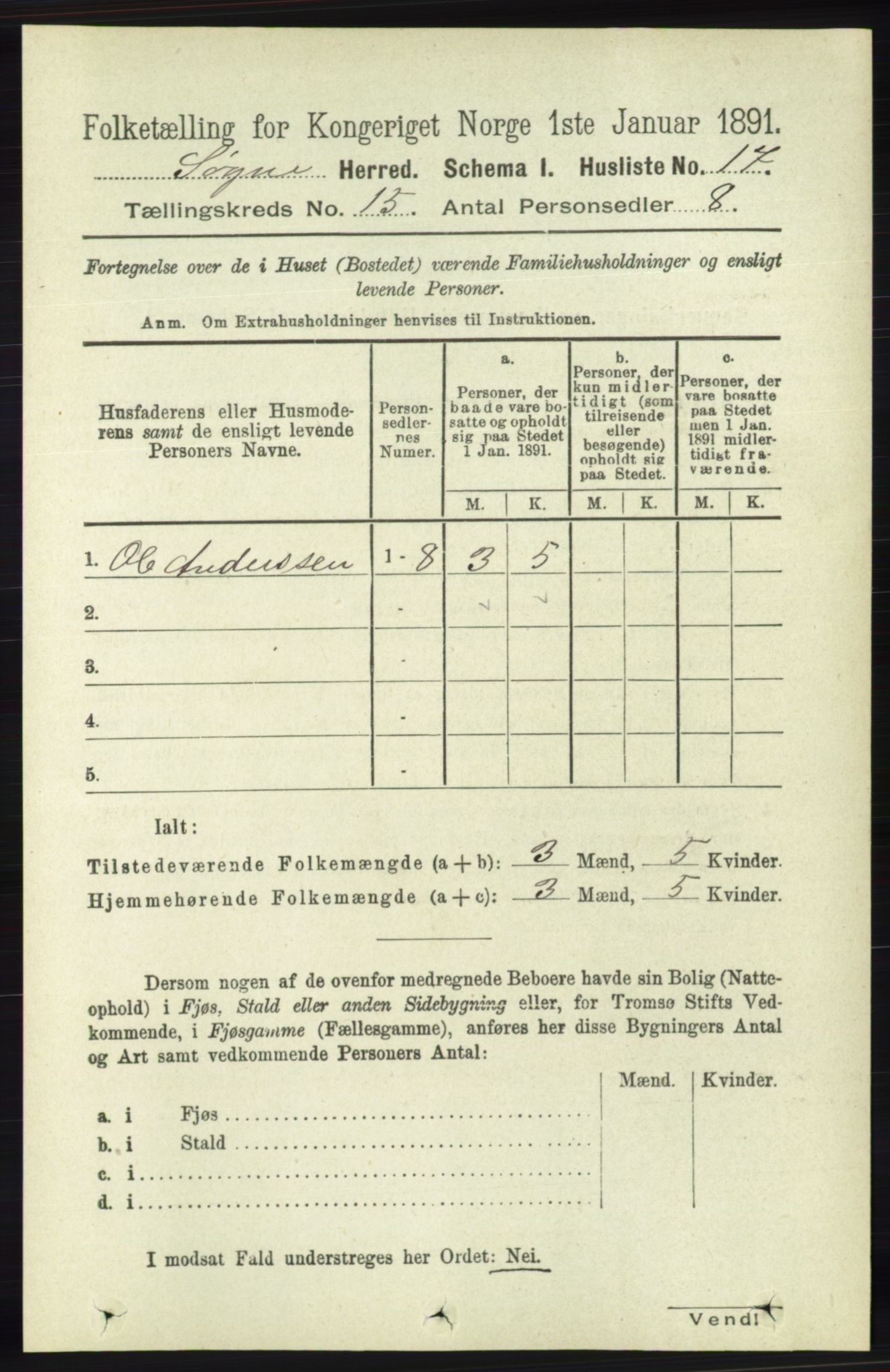RA, Folketelling 1891 for 1018 Søgne herred, 1891, s. 3814