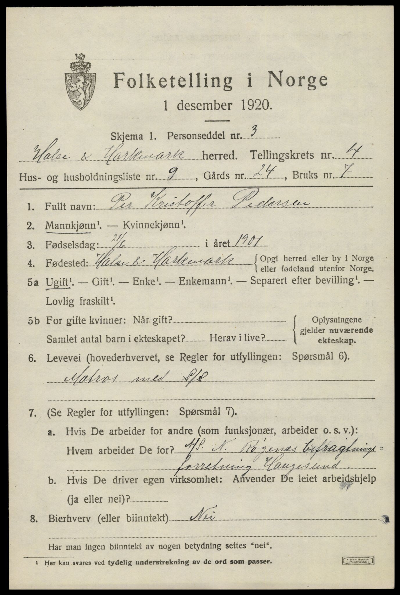 SAK, Folketelling 1920 for 1019 Halse og Harkmark herred, 1920, s. 2928