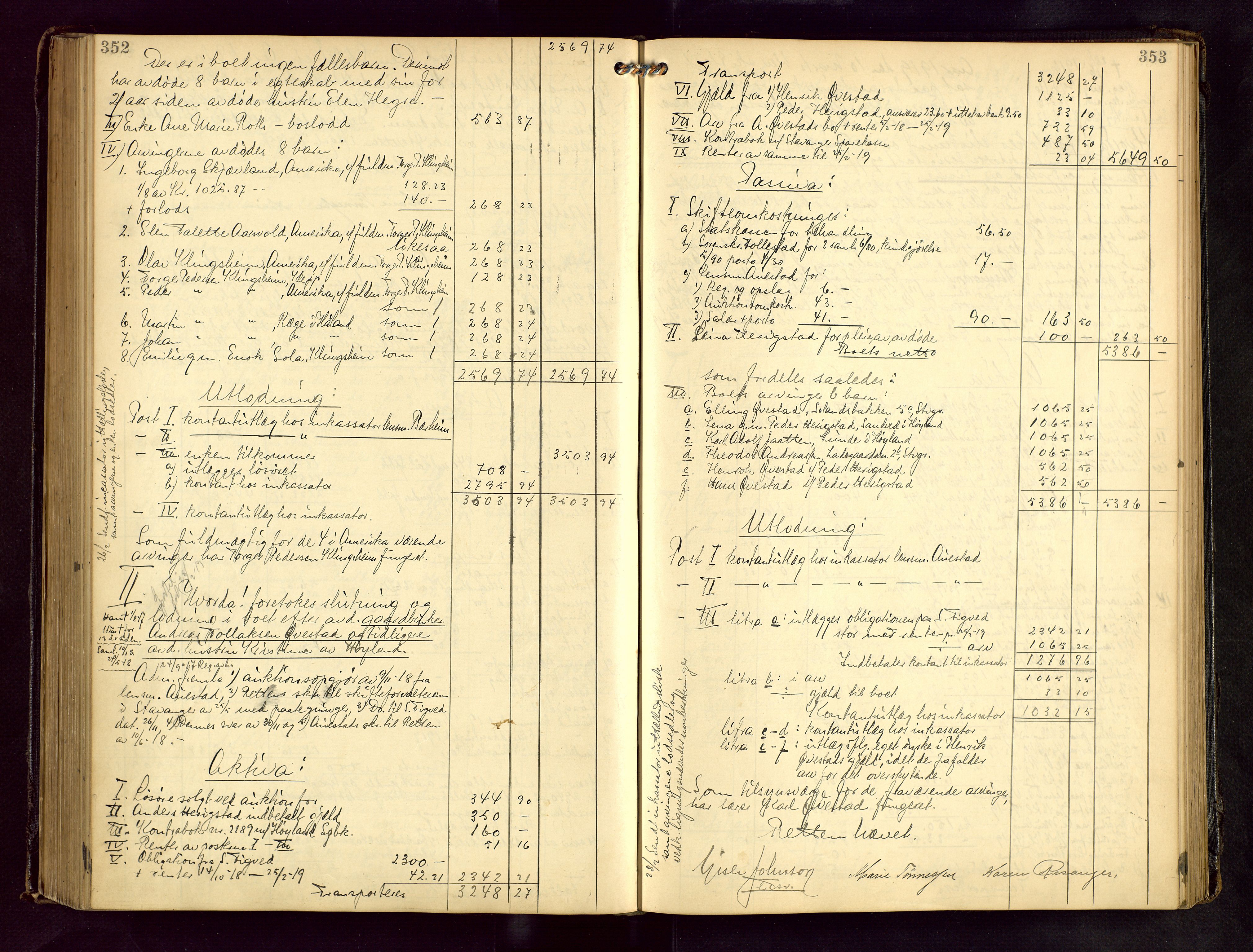 Jæren sorenskriveri, SAST/A-100310/01/5/50/50BB/L0008: SKIFTEUTLODNINGSPROTOKOLL, 1914-1920, s. 352-353