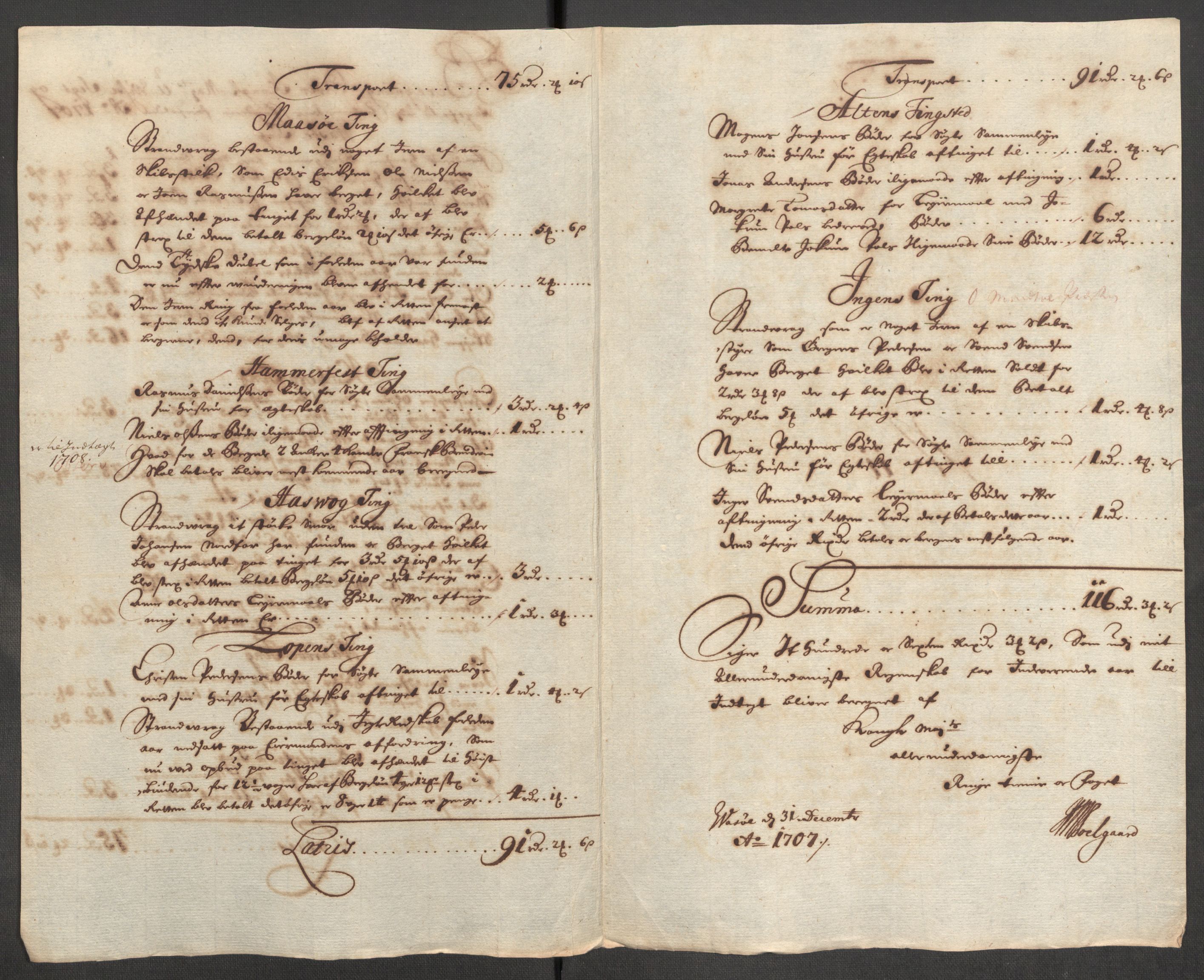 Rentekammeret inntil 1814, Reviderte regnskaper, Fogderegnskap, AV/RA-EA-4092/R69/L4854: Fogderegnskap Finnmark/Vardøhus, 1707-1708, s. 96